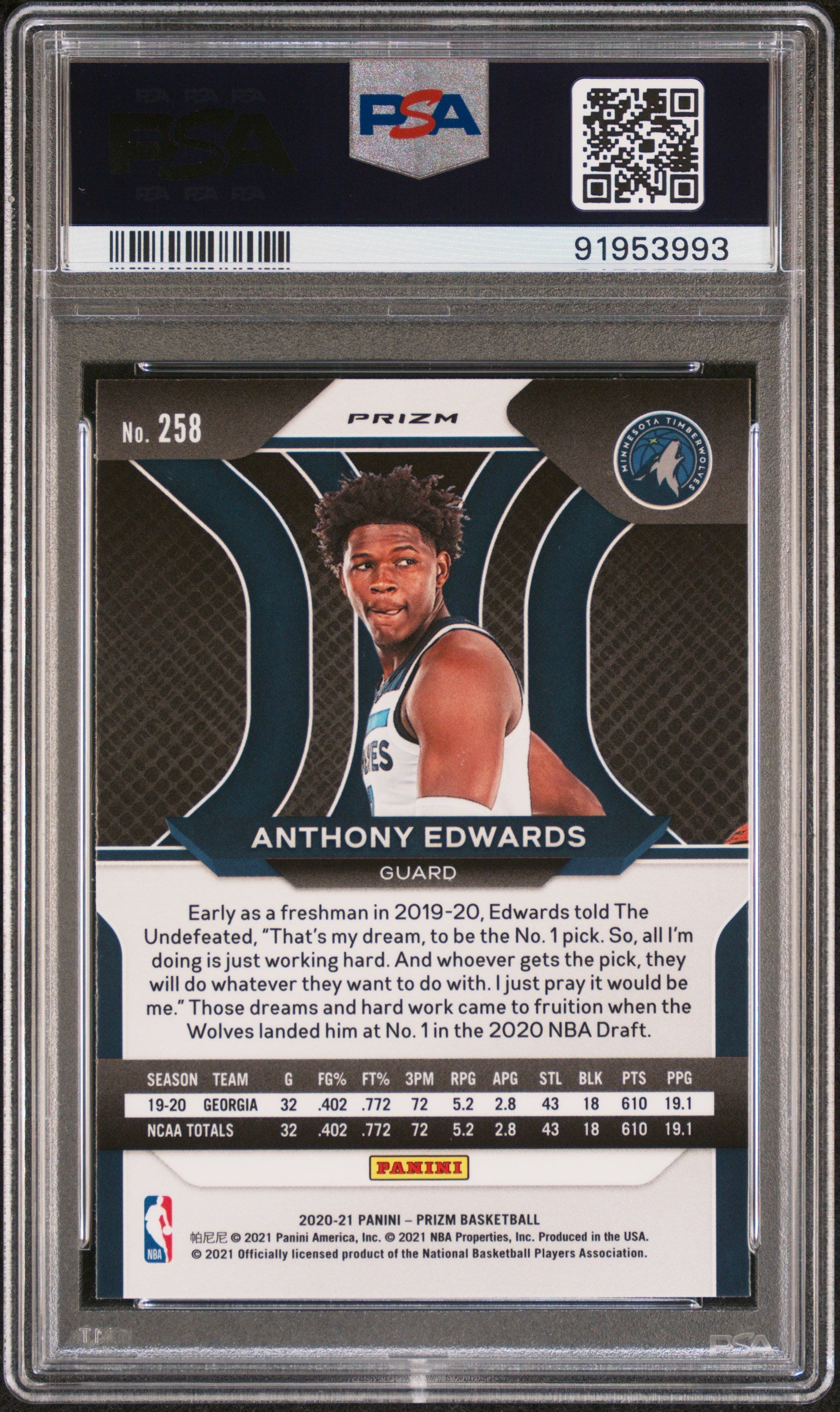 Anthony Edwards 2020 Prizm Silver Prizm Rookie RC Timberwolves #258 PSA 10