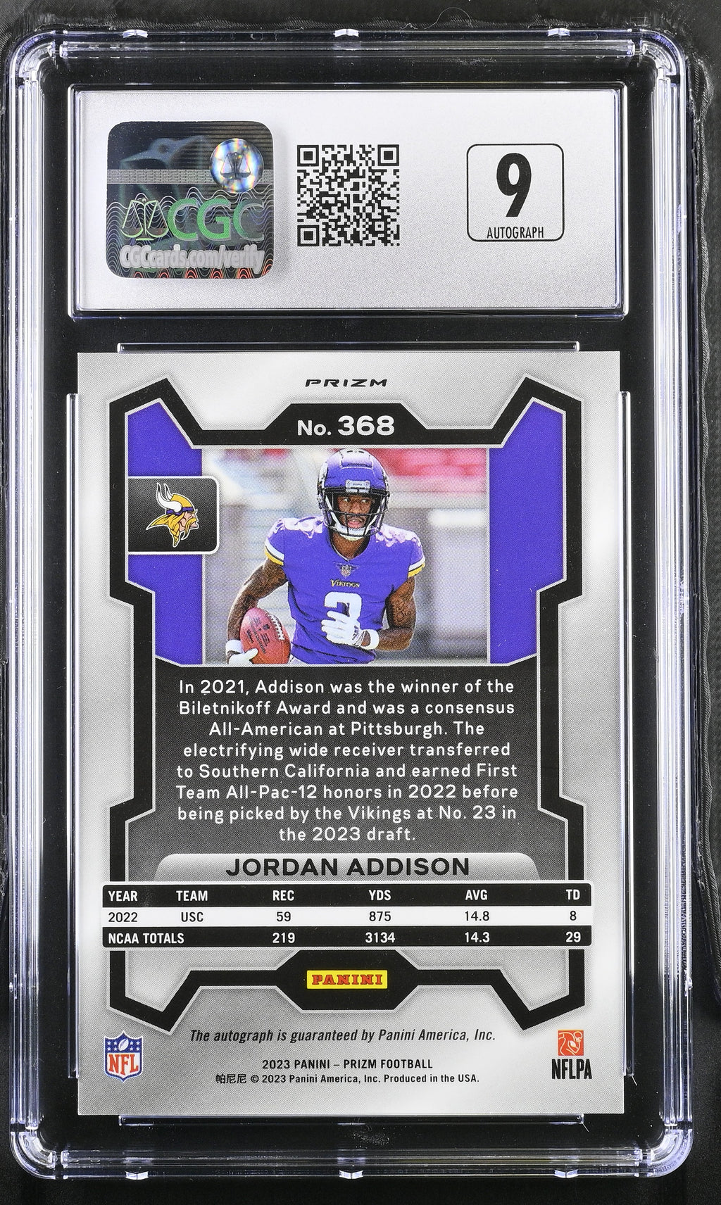 Jordan Addison 2023 Prizm Auto Autograph Silver Rookie RC Vikings CGC 9