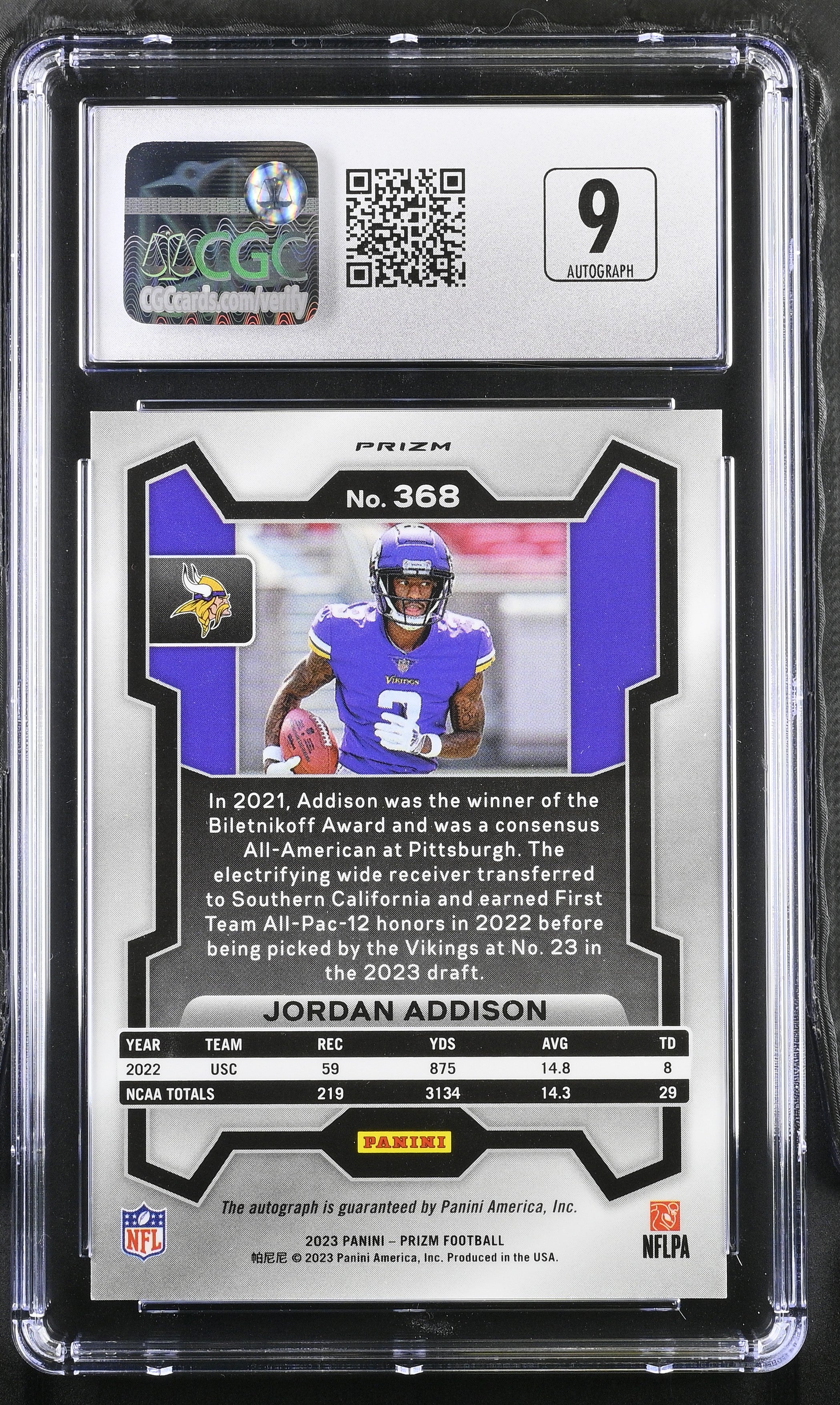 Jordan Addison 2023 Prizm Auto Autograph Silver Rookie RC Vikings CGC 9