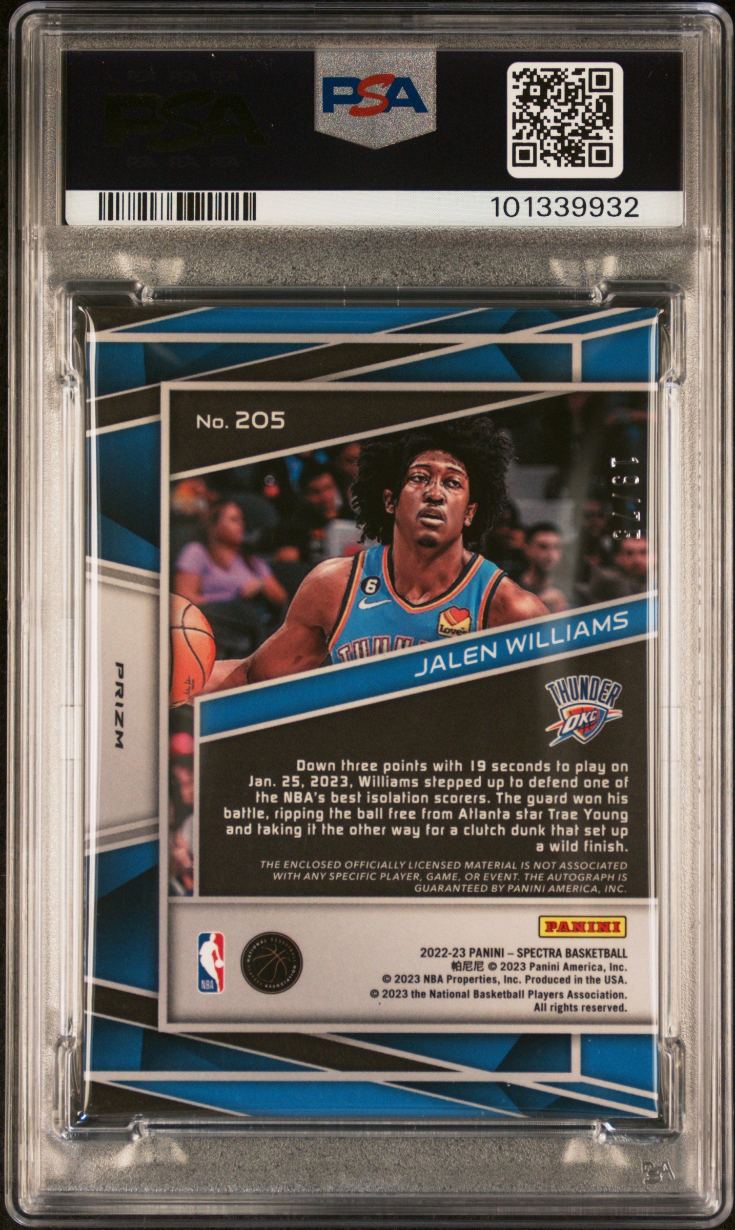Jalen Williams 2022-23 Spectra Auto Autograph Patch RC Thunder 19/75 PSA 9