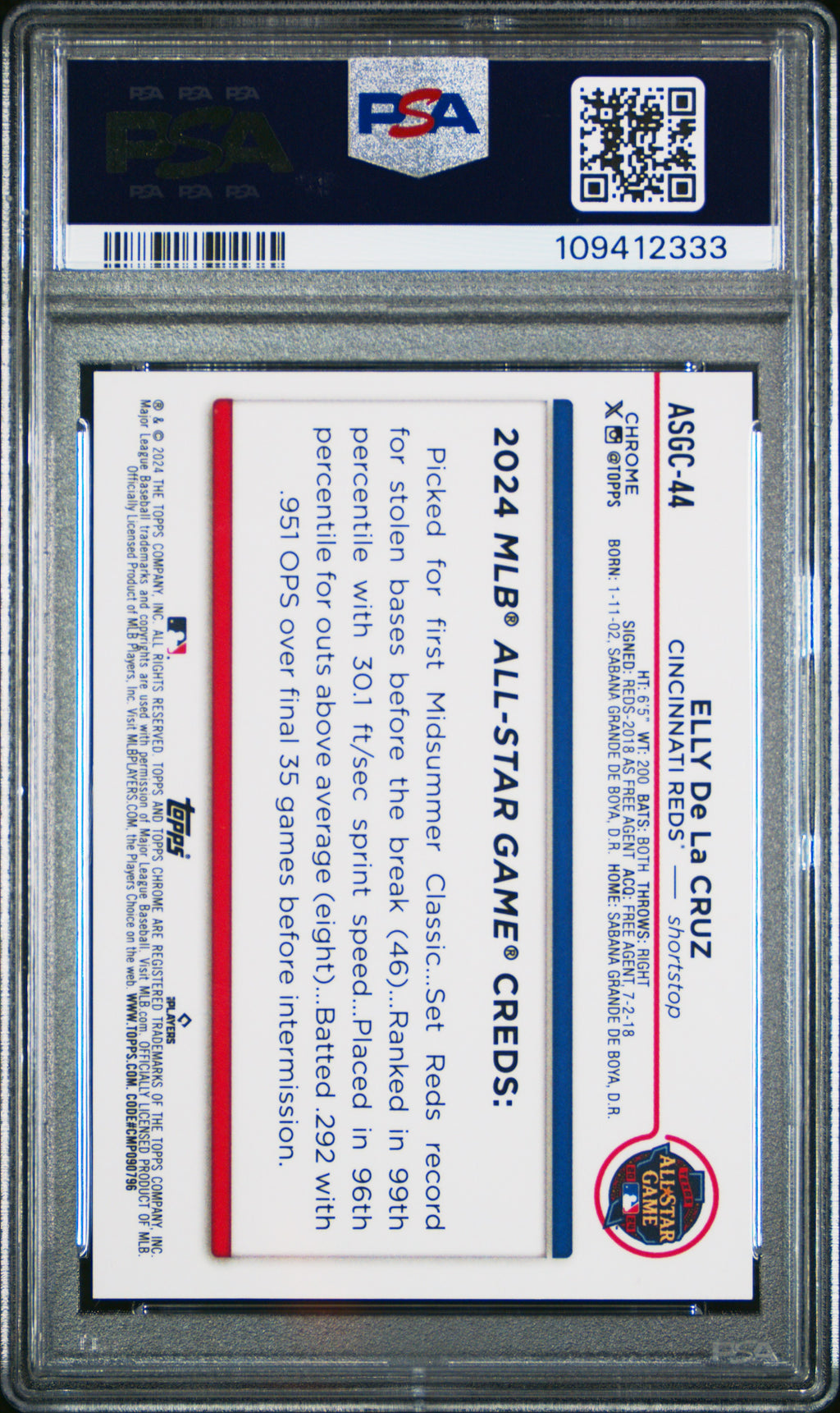 Elly De La Cruz 2024 Topps Chrome ASG Red Refractor RC Reds 3/5 PSA 9