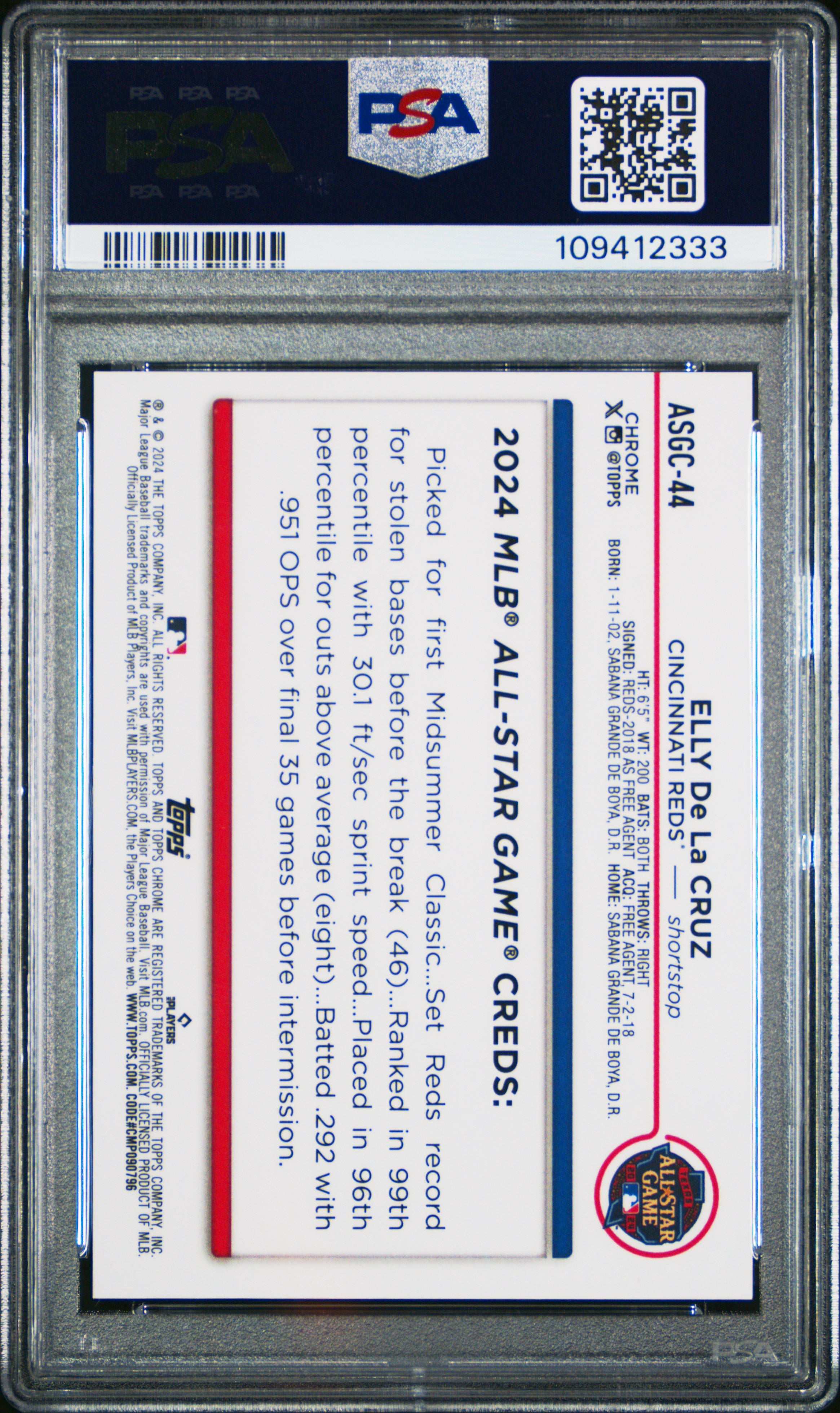 Elly De La Cruz 2024 Topps Chrome ASG Red Refractor RC Reds 3/5 PSA 9