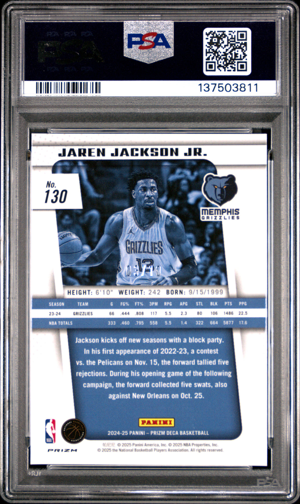 Jaren Jackson Jr. 2024-25 Prizm Deca GOLD Prizm Grizzlies 3/10 PSA 10