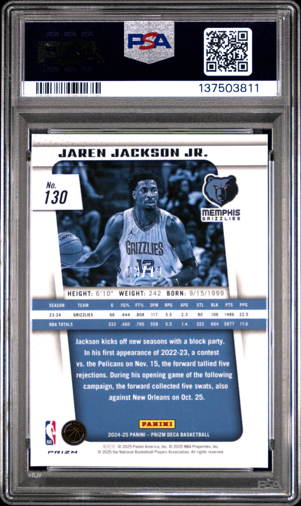 Jaren Jackson Jr. 2024-25 Prizm Deca GOLD Prizm Grizzlies 3/10 PSA 10