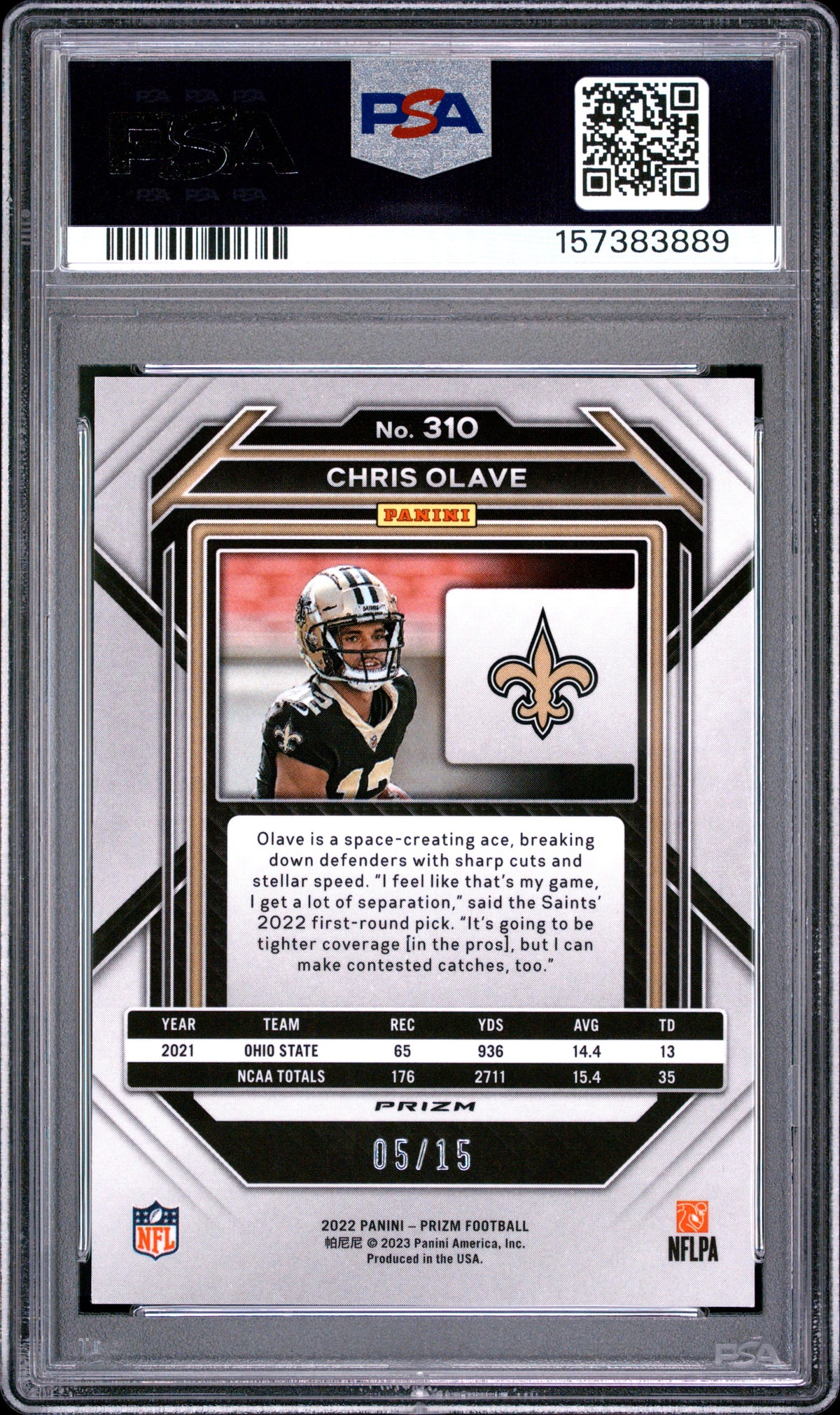 Chris Olave 2022 Prizm Pink No Huddle Rookie RC New Orleans Saints 5/15 PSA 9
