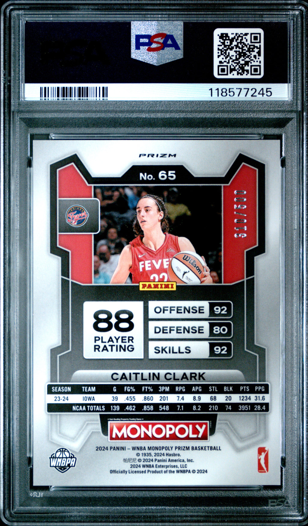 Caitlin Clark 2024 Prizm Monopoly Gold Millionaire Shimmer RC Fever /500 PSA 10