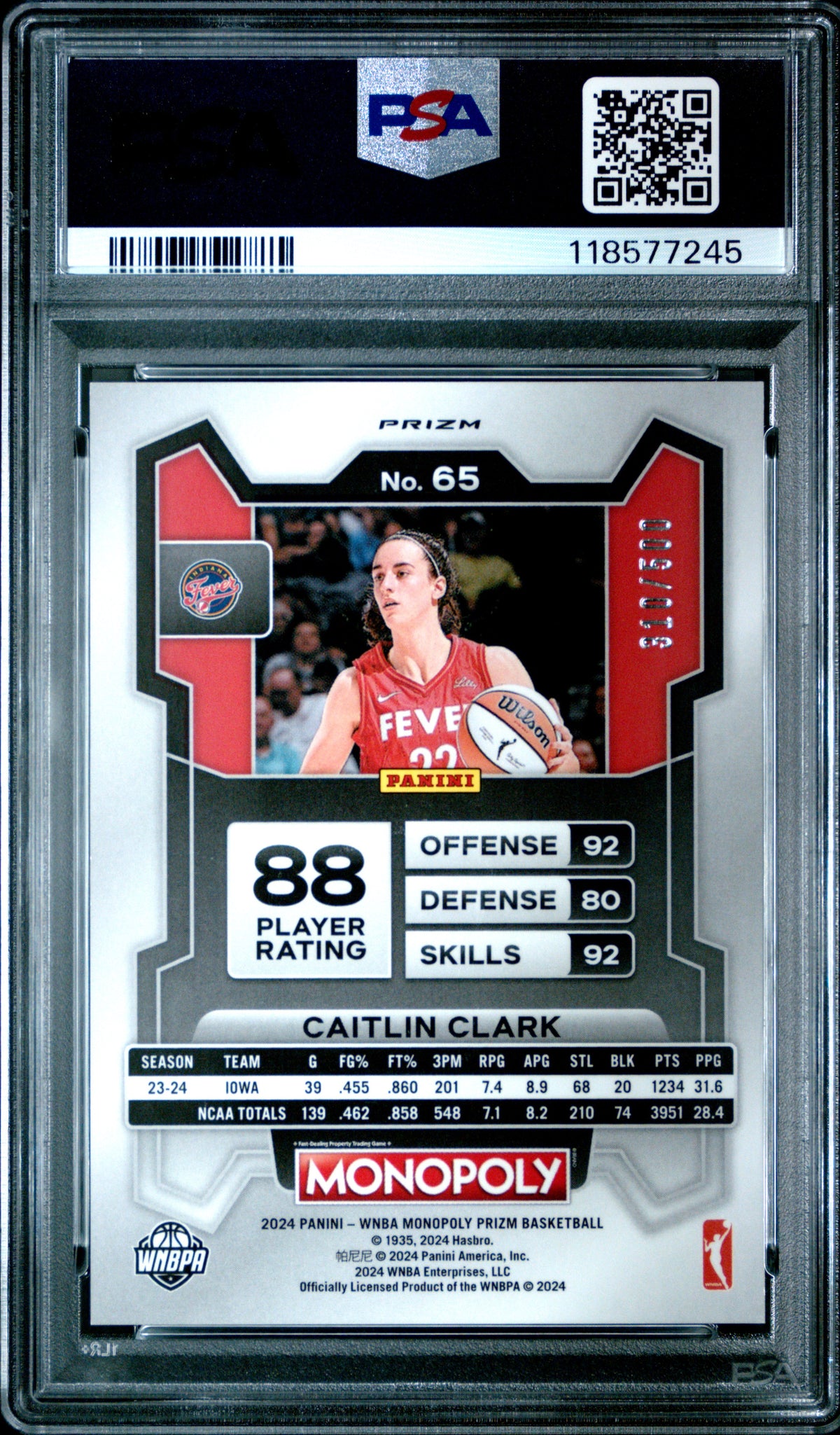 Caitlin Clark 2024 Prizm Monopoly Gold Millionaire Shimmer RC Fever /500 PSA 10