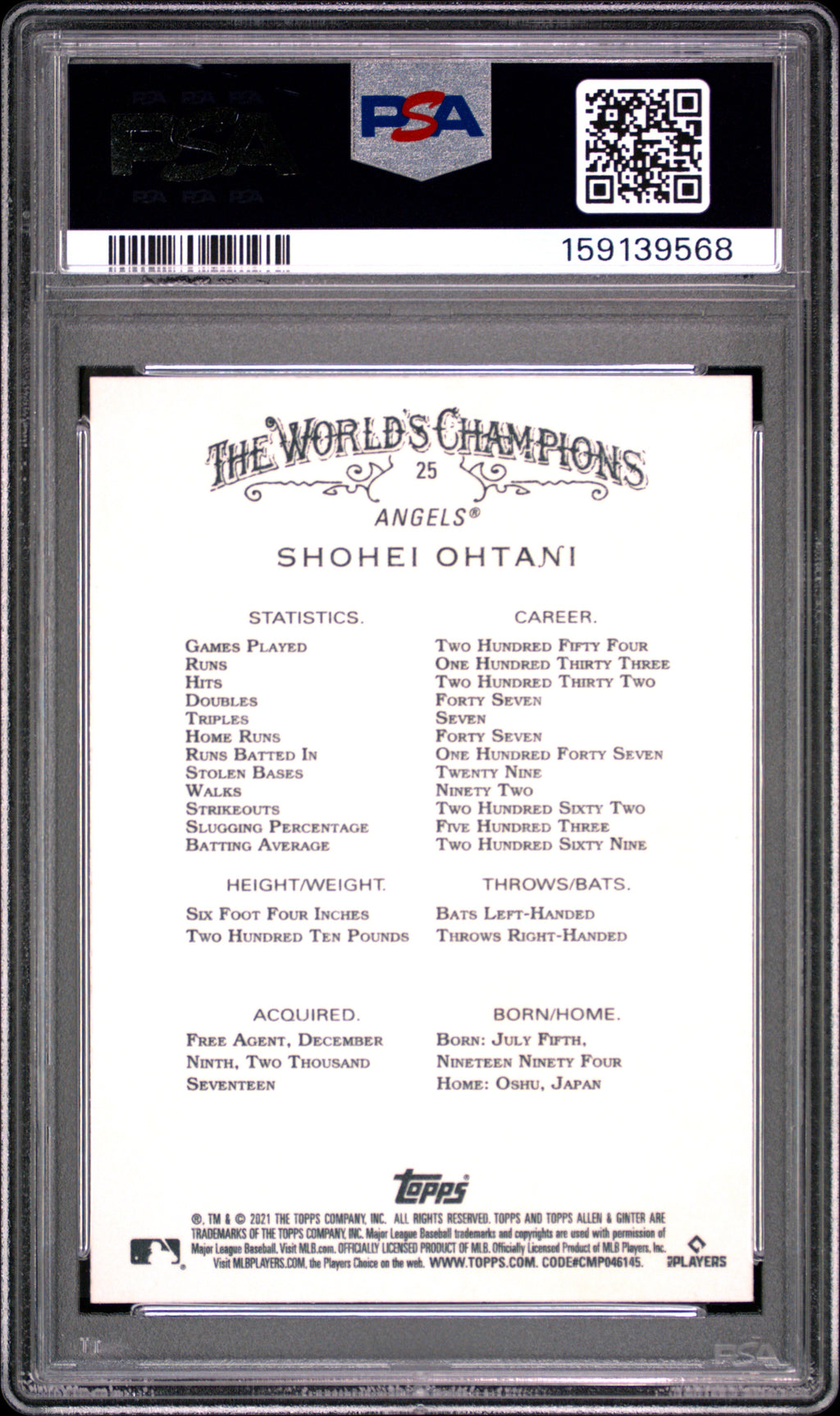 Shohei Ohtani 2021 Topps Allen & Ginter Card Los Angeles Angels #25 PSA 10