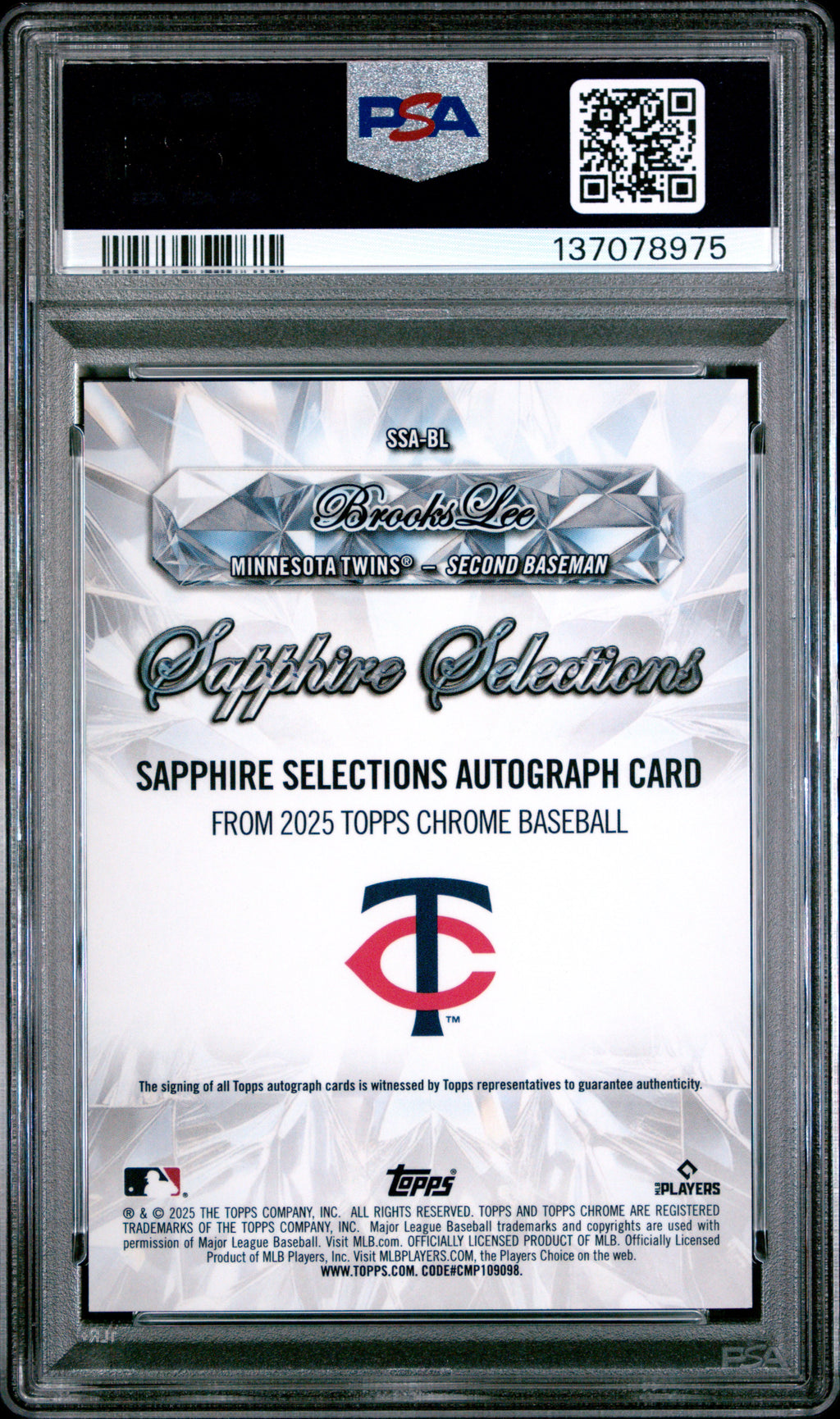 Brooks Lee 2025 Topps Chrome Sapphire Selections Autograph RC Twins 17/25 PSA 9