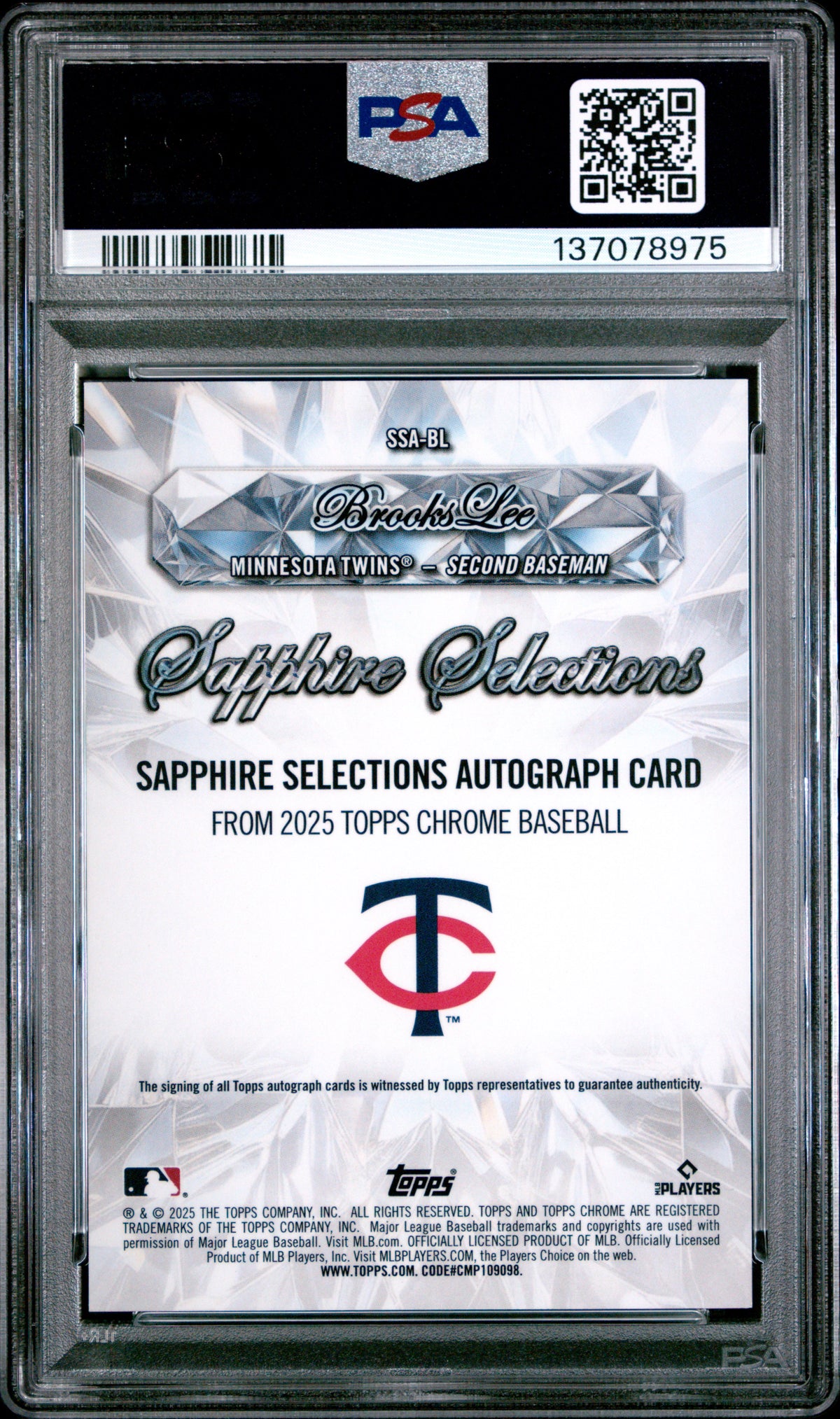 Brooks Lee 2025 Topps Chrome Sapphire Selections Autograph RC Twins 17/25 PSA 9