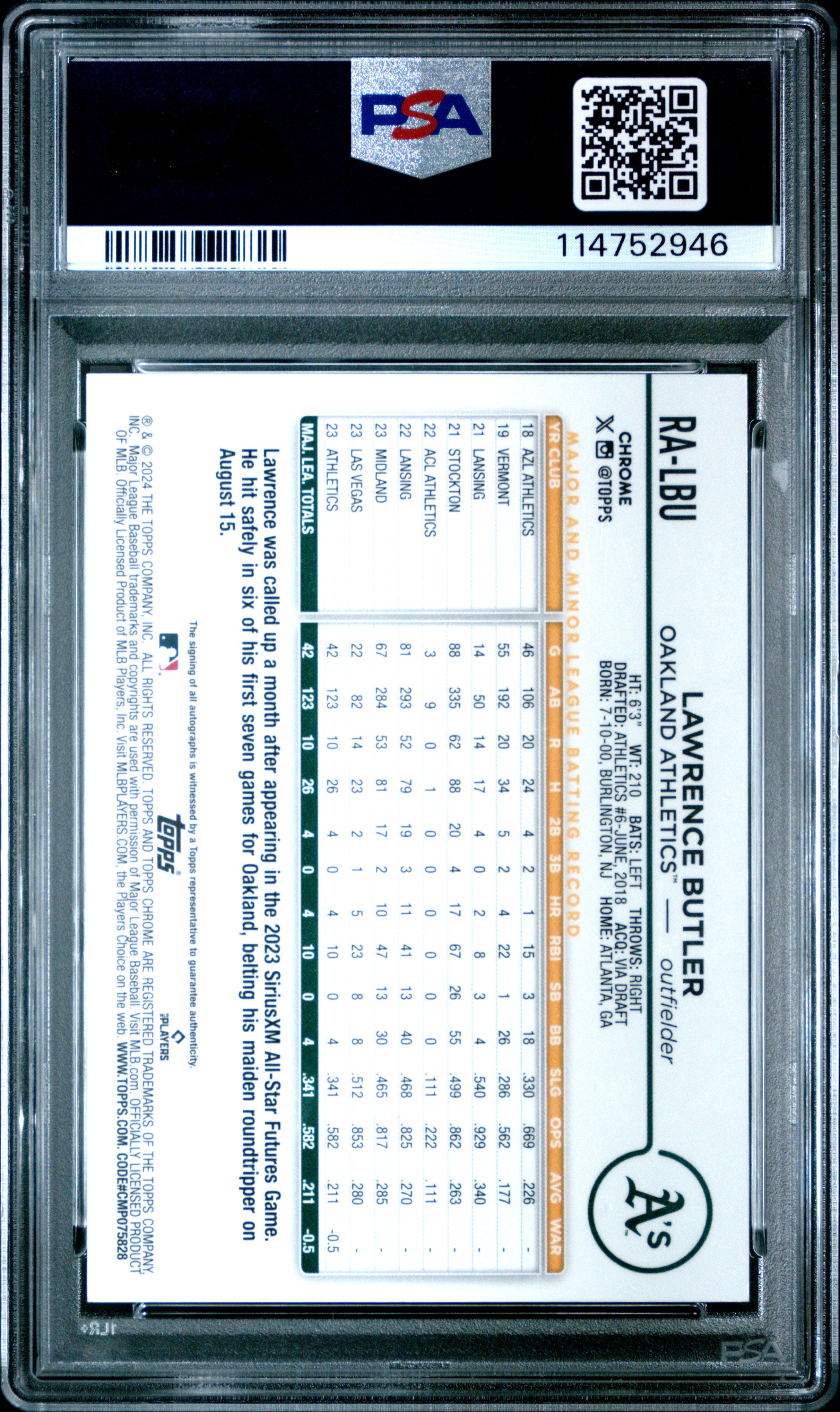 Lawrence Butler 2024 Topps Chrome Auto Autograph RC Green 90/99 A's PSA 9