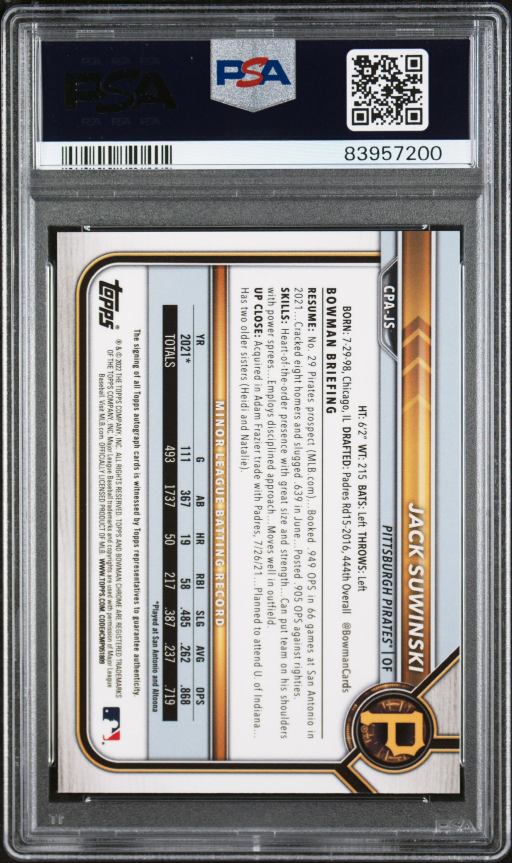 Jack Suwinski 2022 Bowman Chrome 1st Auto Autograph RC Pirates PSA 10