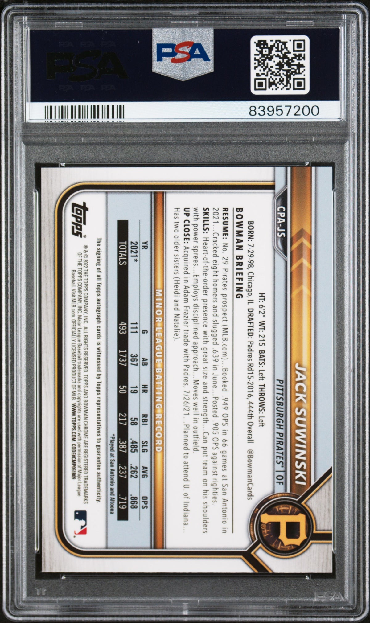 Jack Suwinski 2022 Bowman Chrome 1st Auto Autograph RC Pirates PSA 10