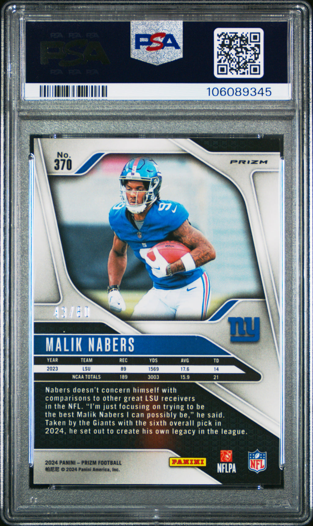 Malik Nabers 2024 Prizm Orange Wave Rookie RC New York Giants 43/60 PSA 9