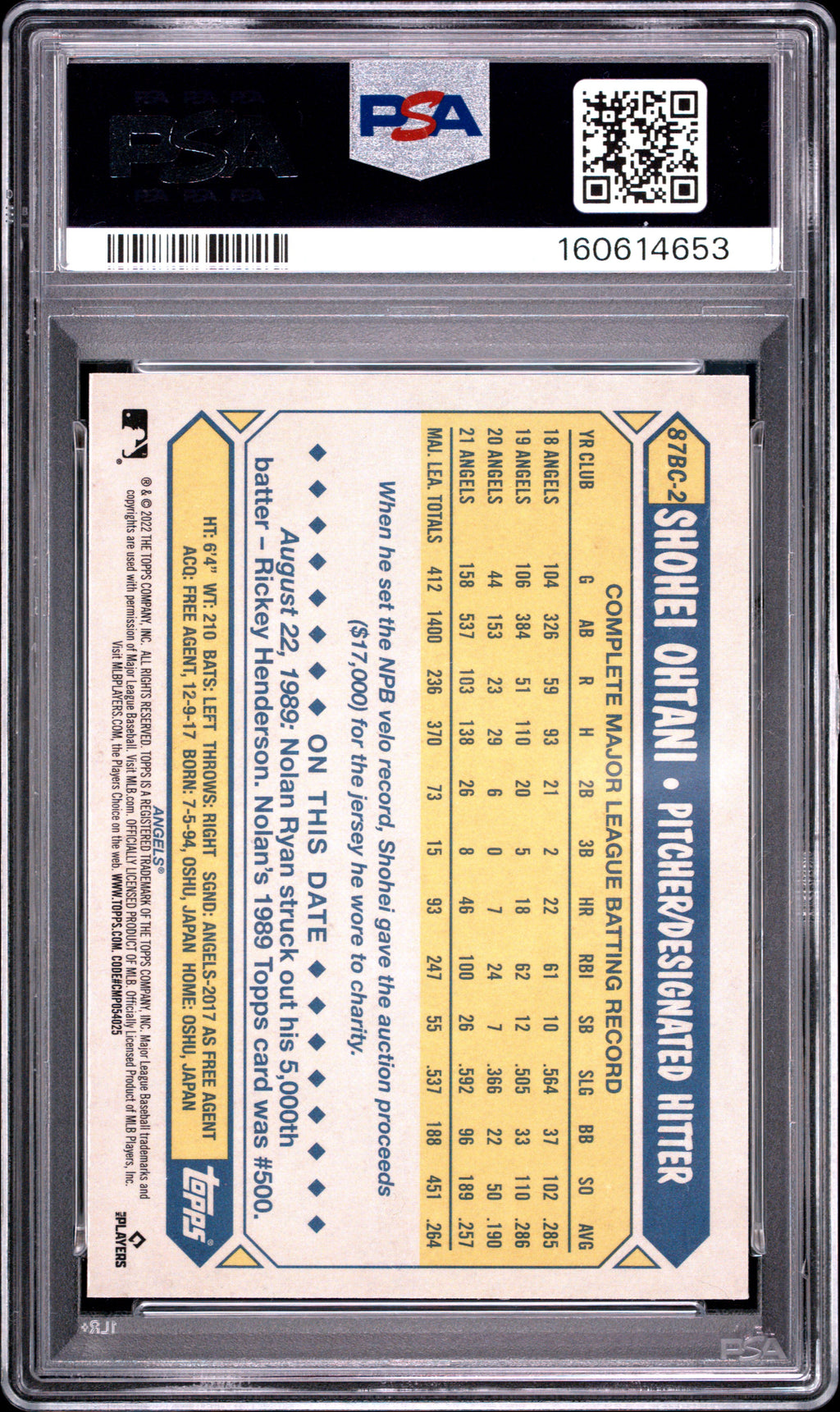 Shohei Ohtani 2022 Topps Chrome '87 Los Angeles Angels #87BC2 PSA 9