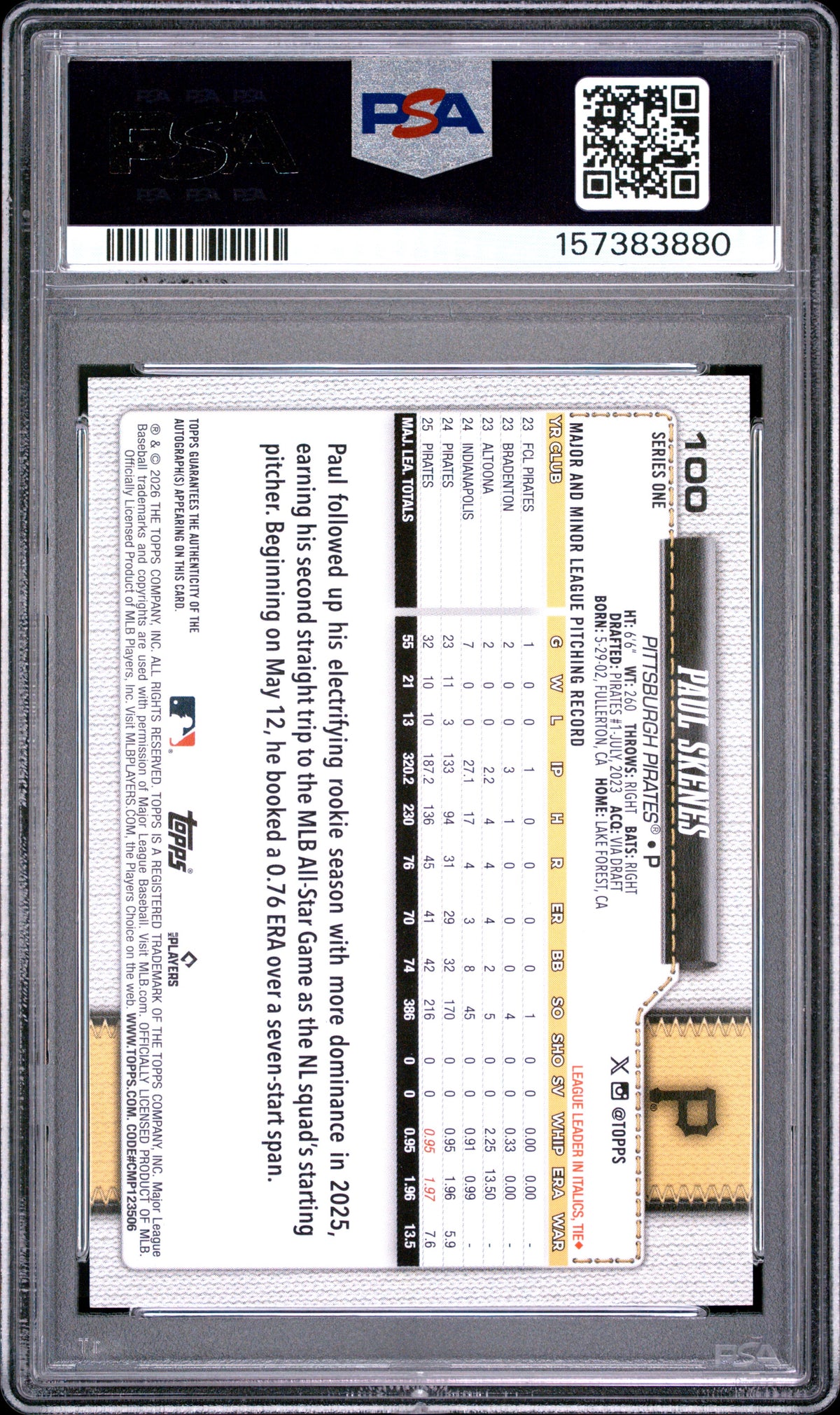 Paul Skenes 2026 Topps Auto Autograph Pittsburgh Steelers #100 PSA 9