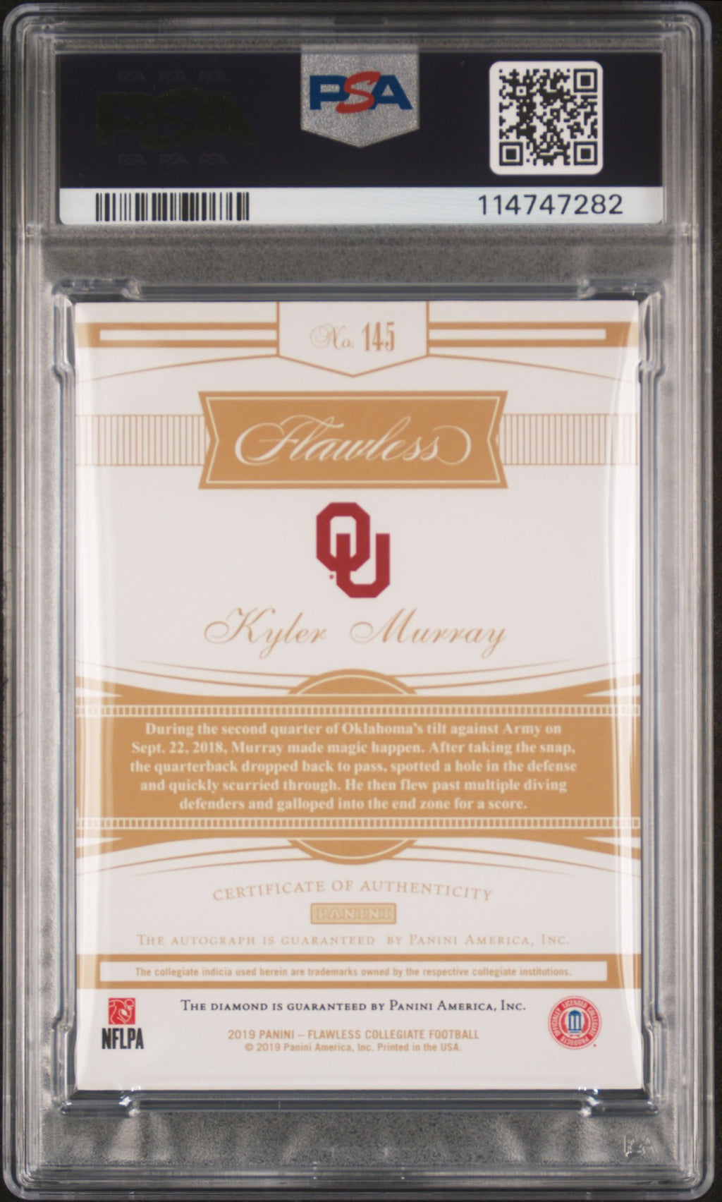 Kyler Murray 2019 Flawless Auto Autograph Diamond RC Oklahoma Sooners 9/10 PSA 9