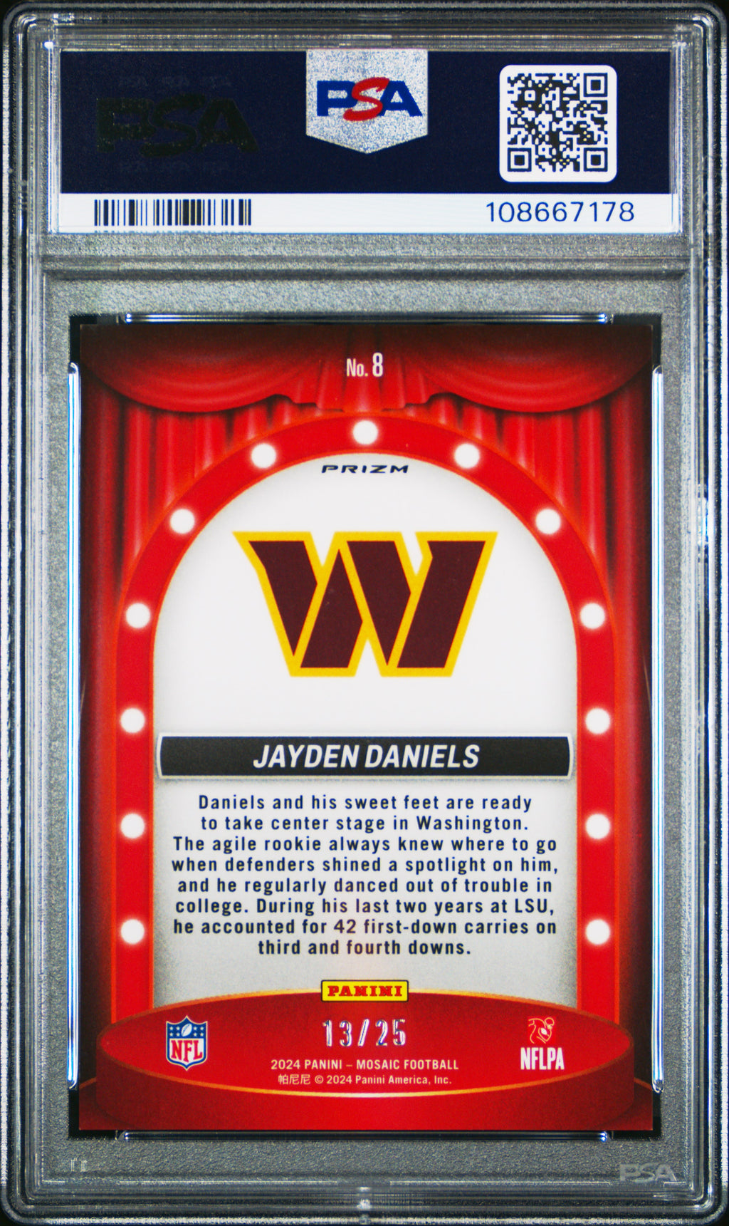 Jayden Daniels 2024 Mosaic Center Stage White Rookie RC Commanders 13/25 PSA 9