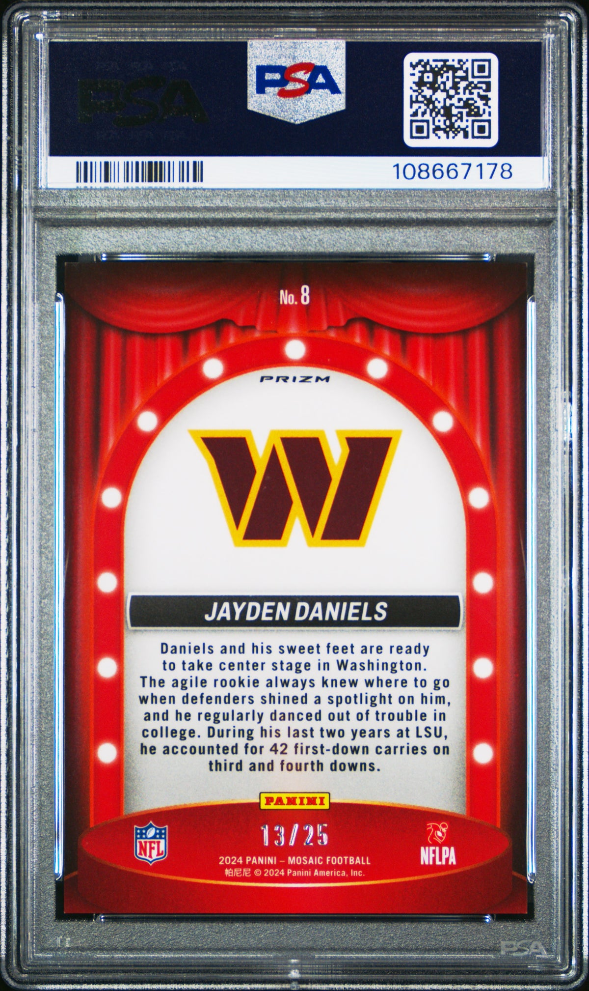 Jayden Daniels 2024 Mosaic Center Stage White Rookie RC Commanders 13/25 PSA 9