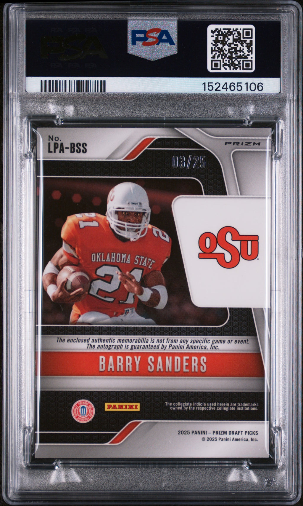 Barry Sanders 2025 Prizm Draft Auto Autograph Tie-Dye Patch OSU 3/25 PSA 8