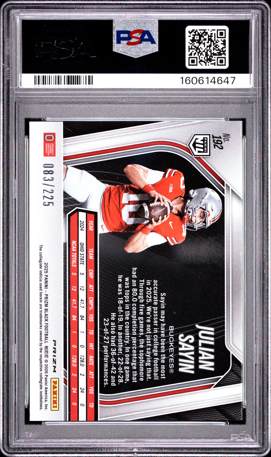 Julian Sayin 2025 Panini Prizm Black Football Rookie RC Ohio State 83/225 PSA 9