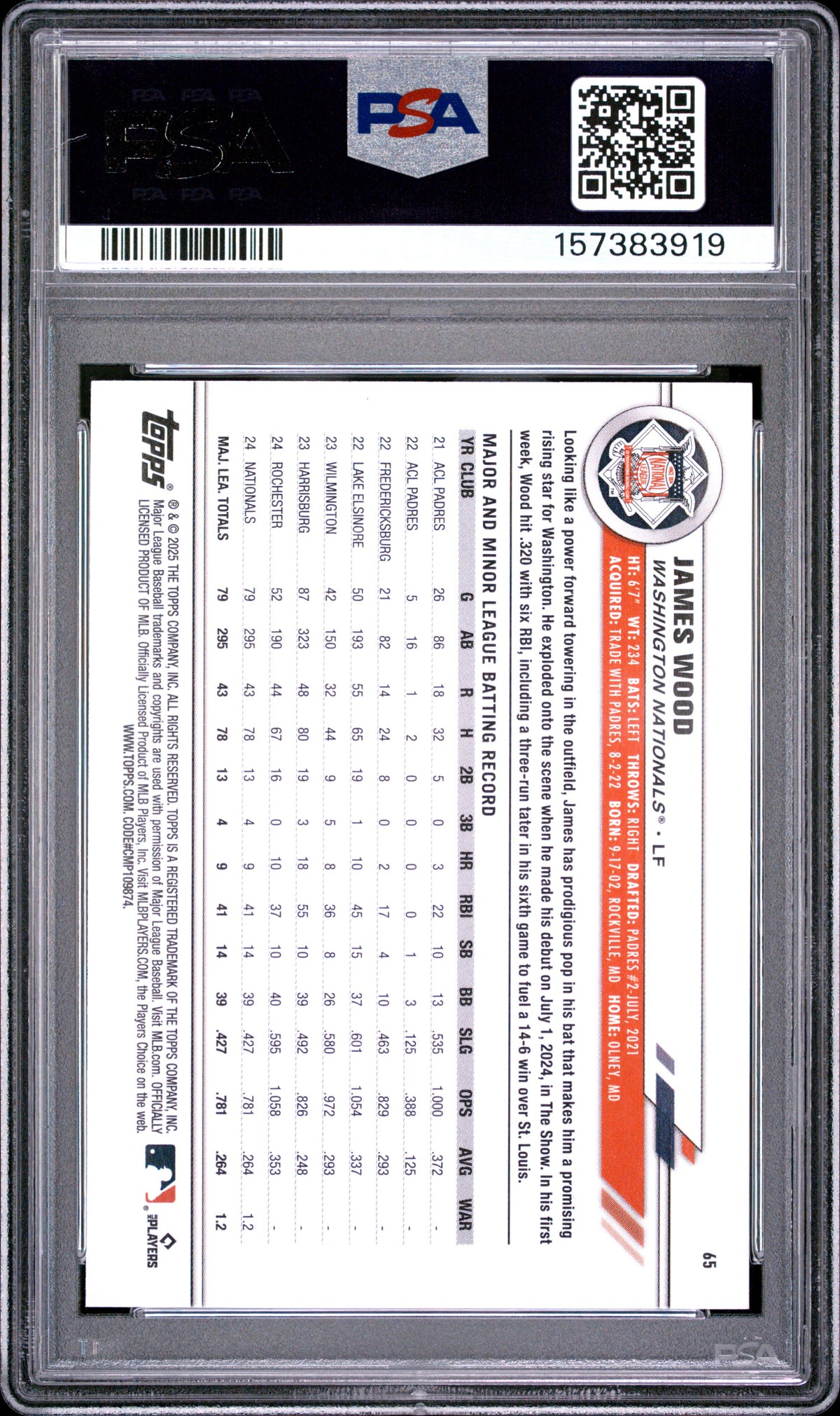 James Wood 2025 Topps All-Star Game Purple Rookie RC Nationals 73/75 PSA 10