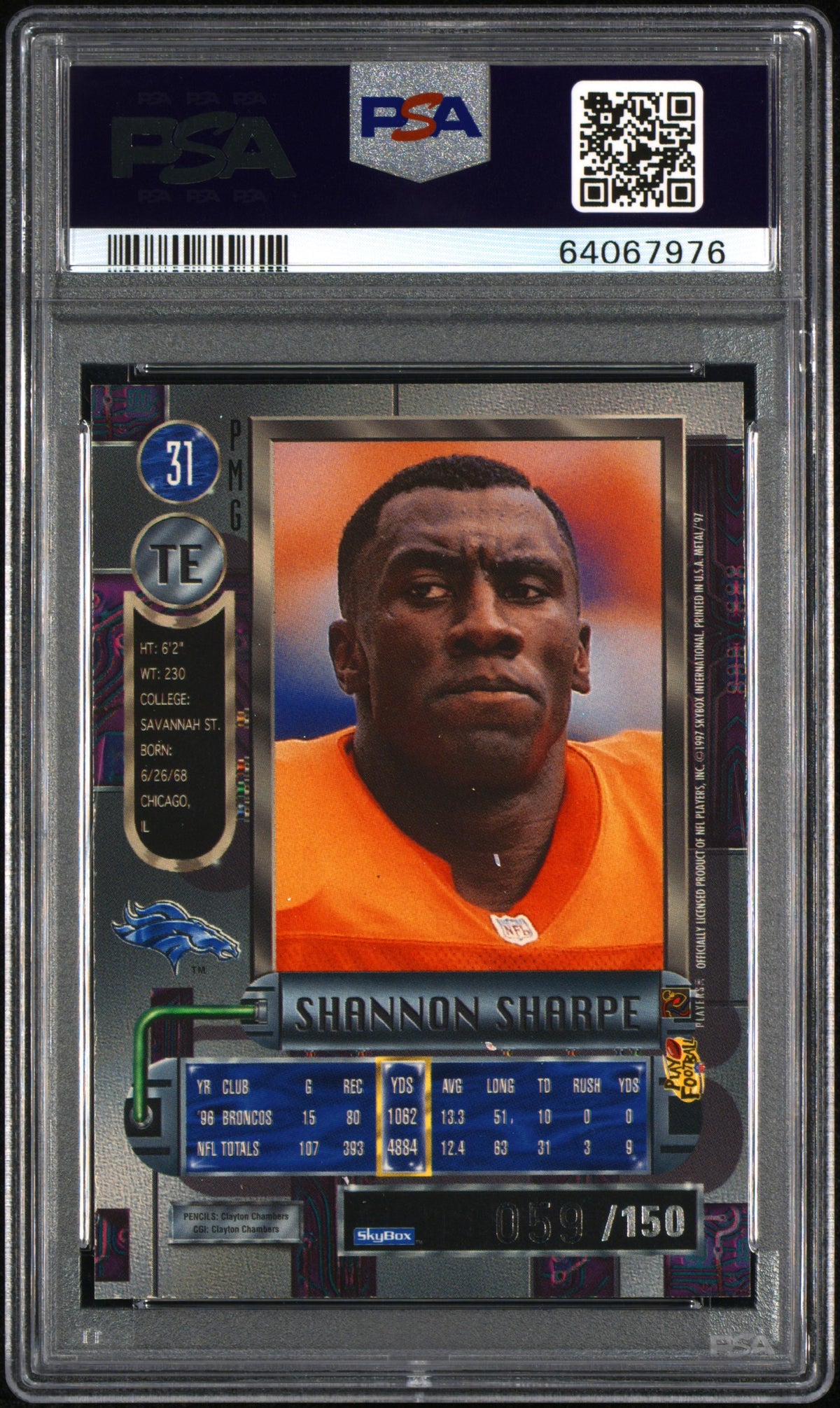 Shannon Sharpe 1997 Metal Universe Precious Gems Red PMG Broncos 59/150 PSA A