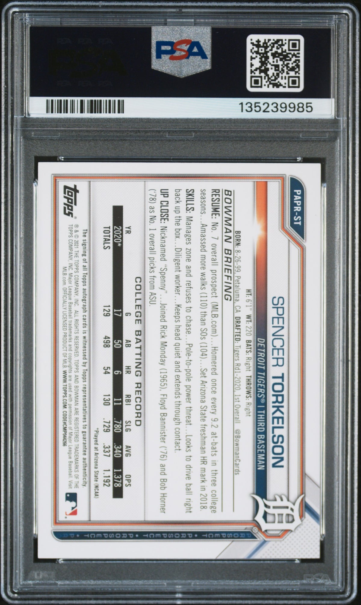 Spencer Torkelson 2021 Bowman Blue Auto Autograph RC Tigers 132/150 PSA 9 10