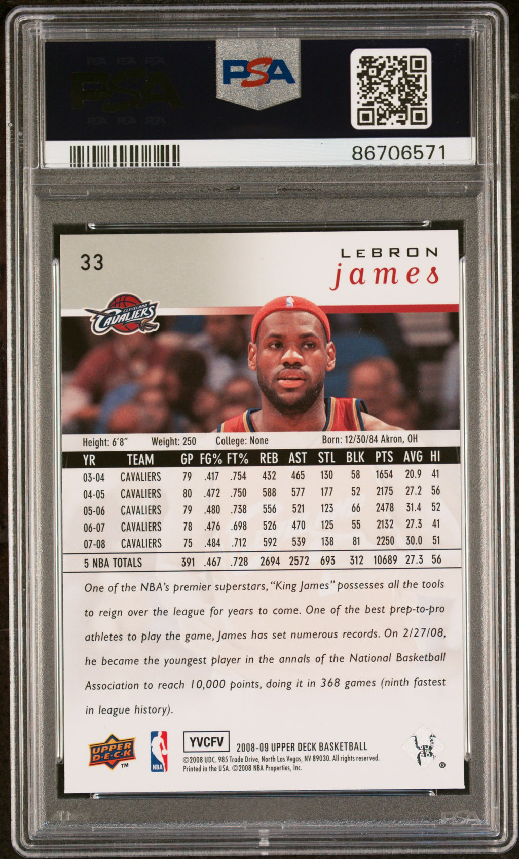 LeBron James 2008-09 Upper Deck Card Cleveland Cavaliers #33 PSA 9