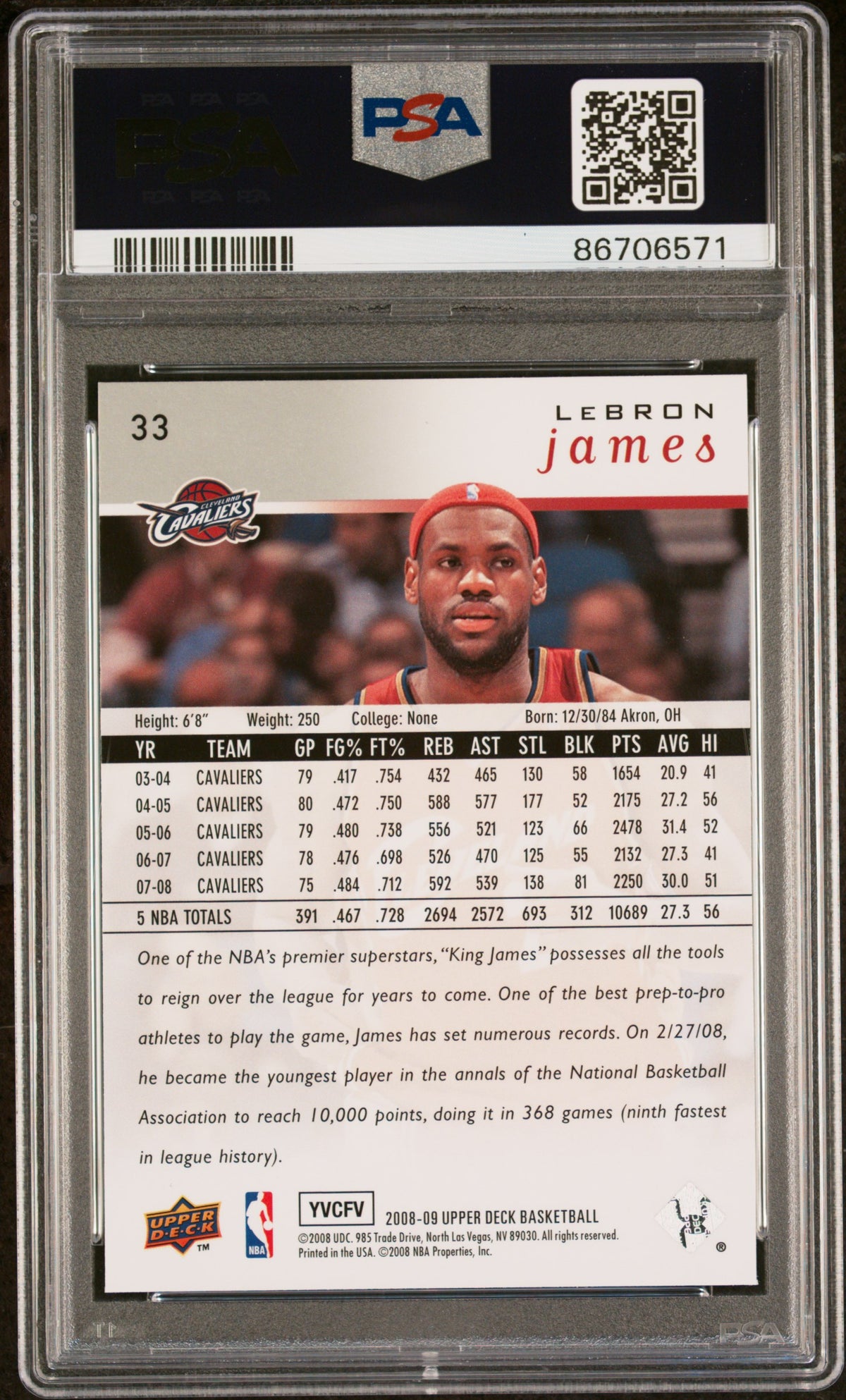 LeBron James 2008-09 Upper Deck Card Cleveland Cavaliers #33 PSA 9