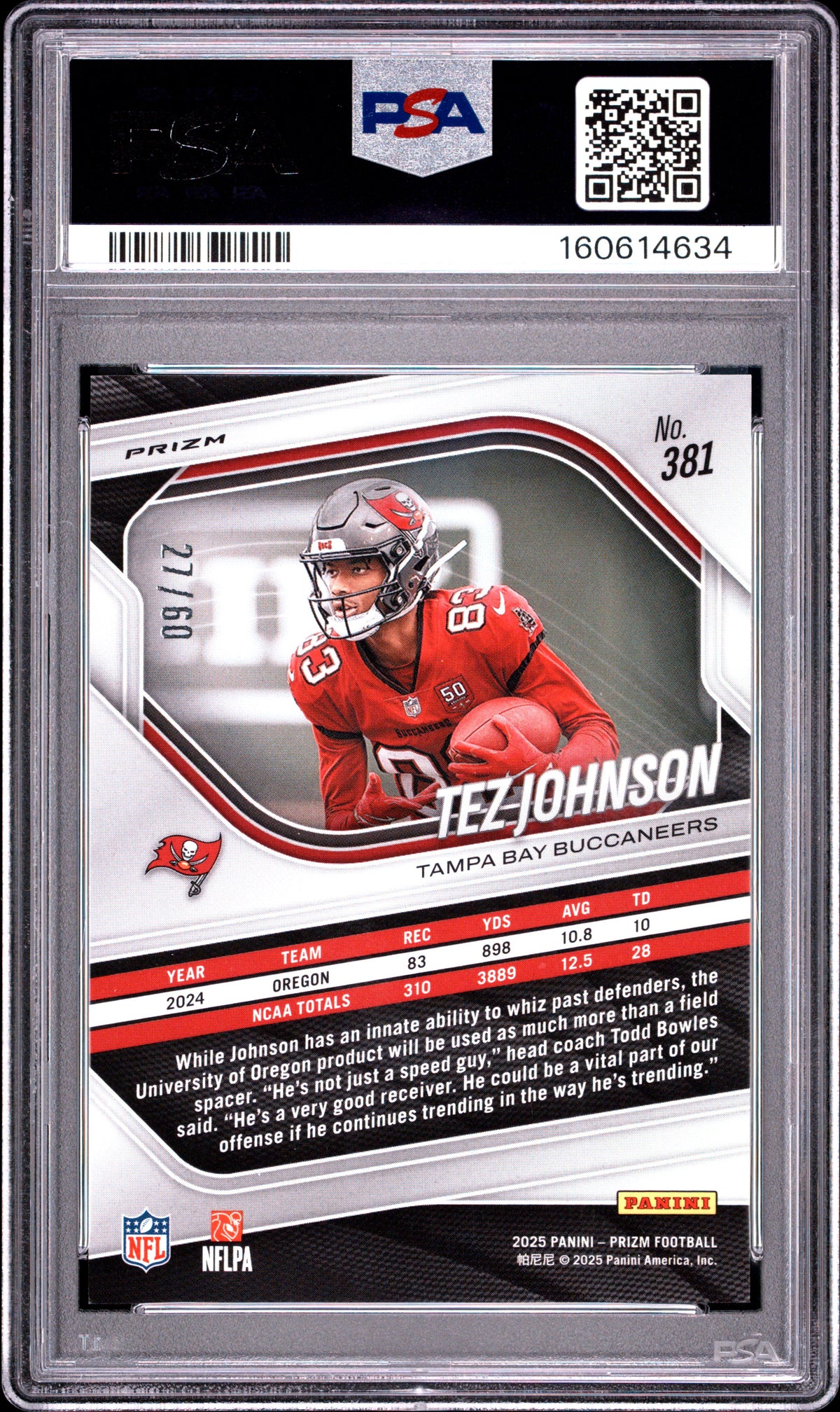 Tez Johnson 2025 Prizm Super Bowl LX RC Rookie Buccaneers 27/60 PSA 10
