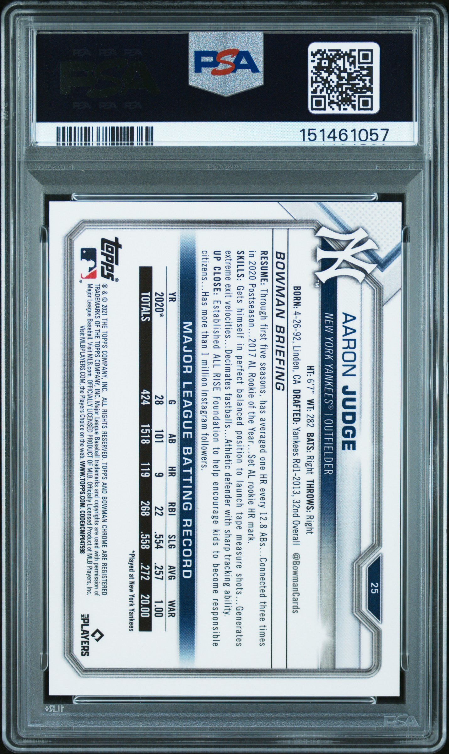 Aaron Judge 2021 Bowman Chrome Purple Refractor New York Yankees 122/250 PSA 10
