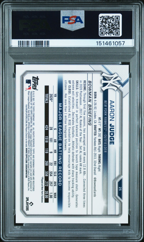 Aaron Judge 2021 Bowman Chrome Purple Refractor New York Yankees 122/250 PSA 10