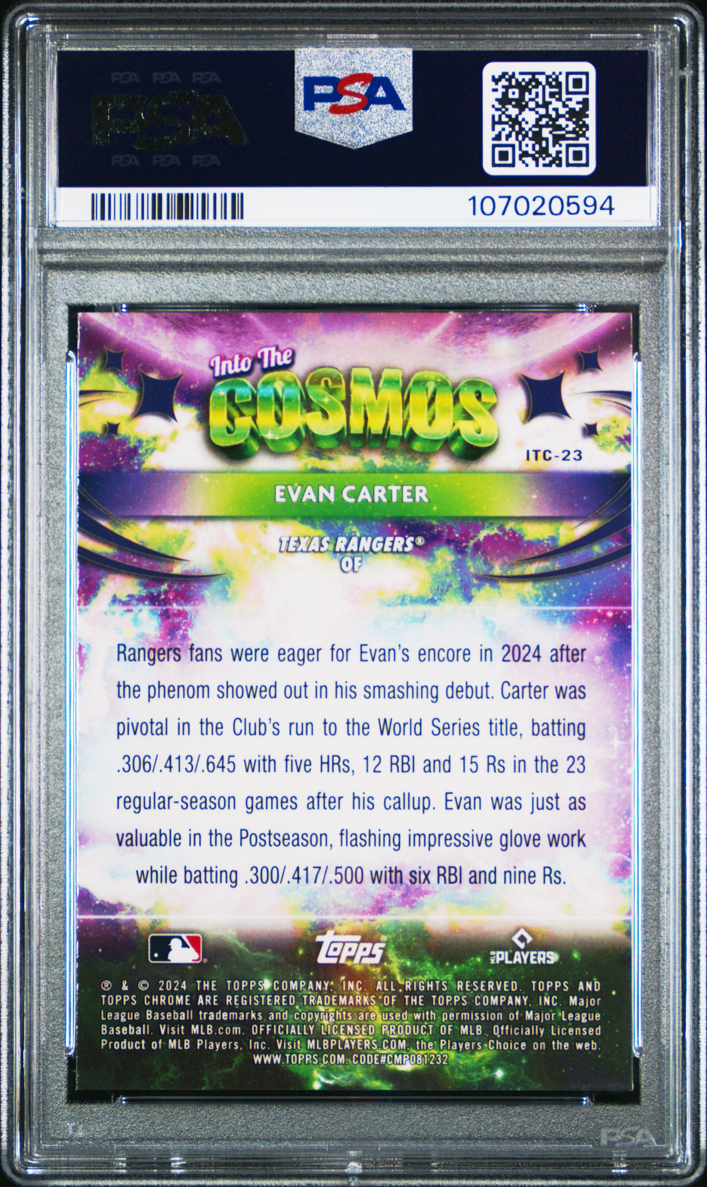 Evan Carter 2024 Topps Cosmic Chrome Into The Cosmos GOLD RC Rangers 38/50 PSA 9