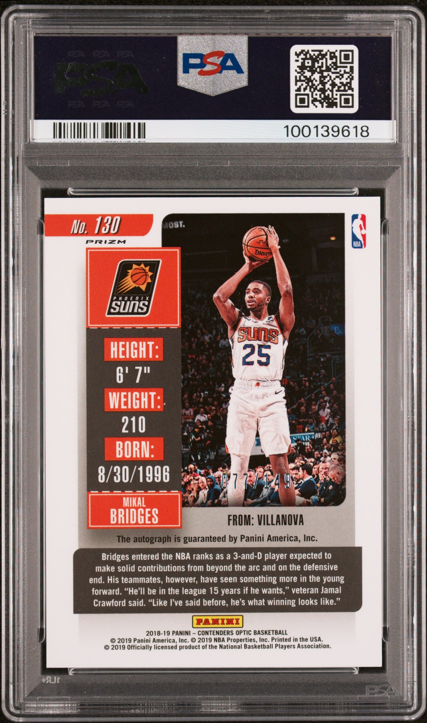 Mikal Bridges 2018 Contenders Optic Auto Autograph Red RC Suns 77/149 PSA 9
