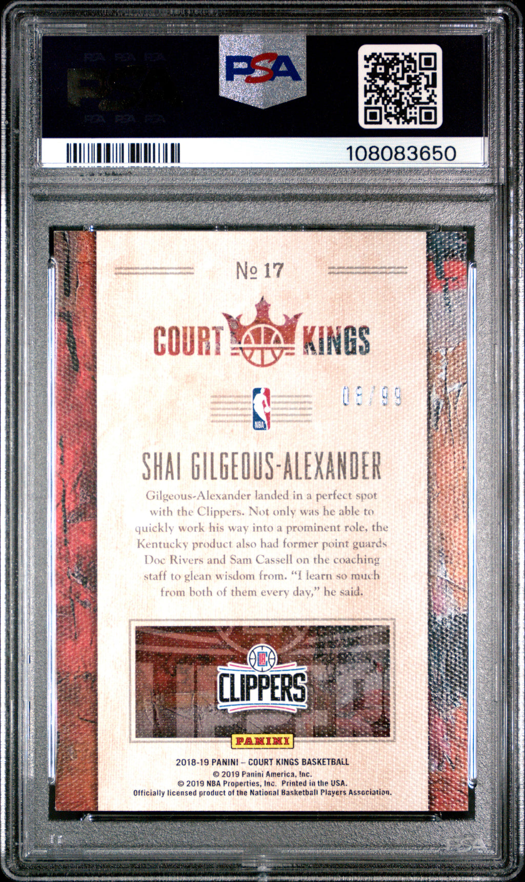 Shai Gilgeous-Alexander 2018 Court Kings Portraits Ruby RC Thunder 8/99 PSA 9