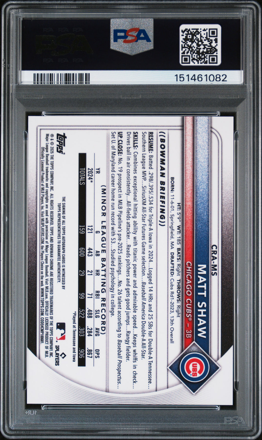 Matt Shaw 2025 Bowman Chrome Auto Autograph RC Green Cubs 74/99 PSA 9