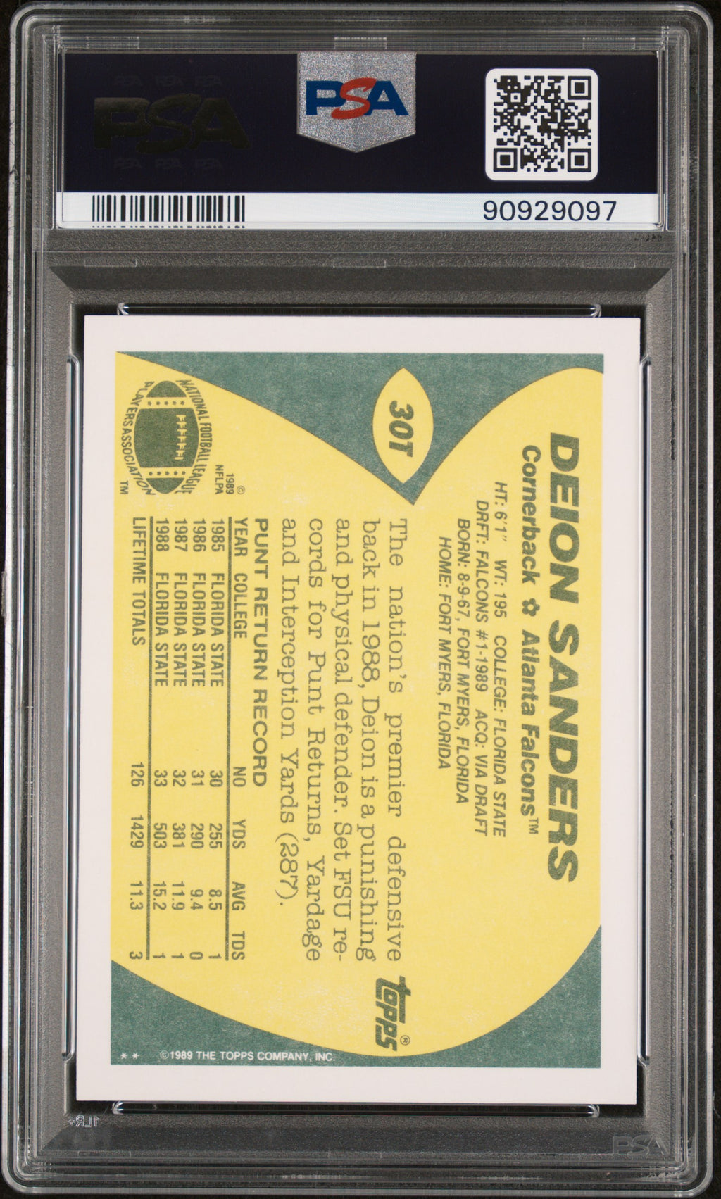 Deion Sanders 1989 Topps Traded Rookie RC Atlanta Falcons #30T PSA 10