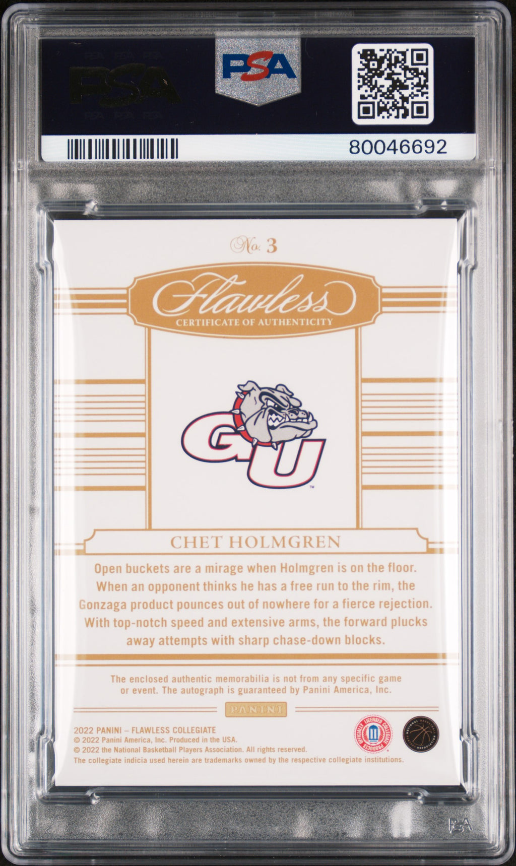 Chet Holmgren 2022 Flawless Auto Autograph Patch RC Gonzaga Thunder 14/25 PSA 10