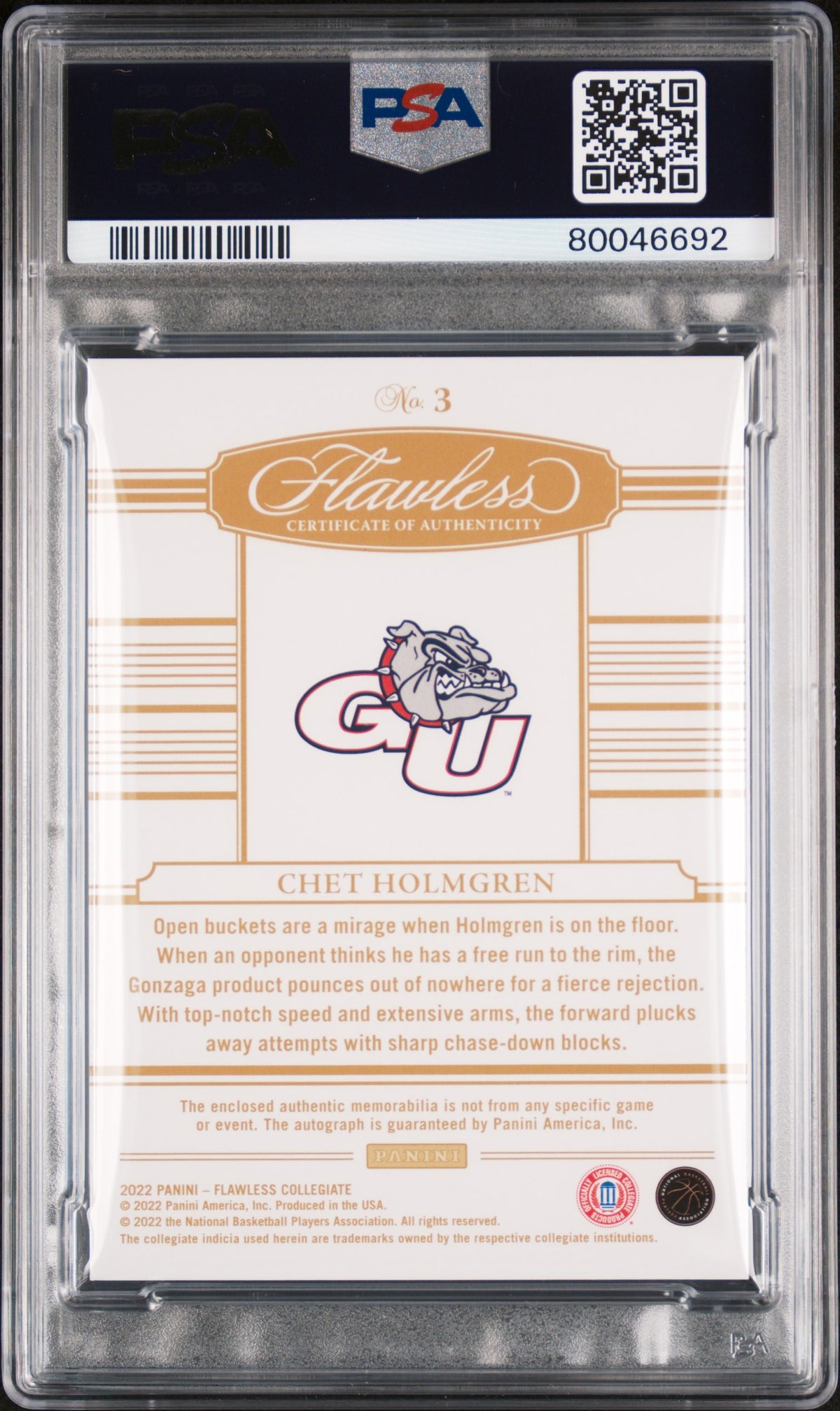 Chet Holmgren 2022 Flawless Auto Autograph Patch RC Gonzaga Thunder 14/25 PSA 10