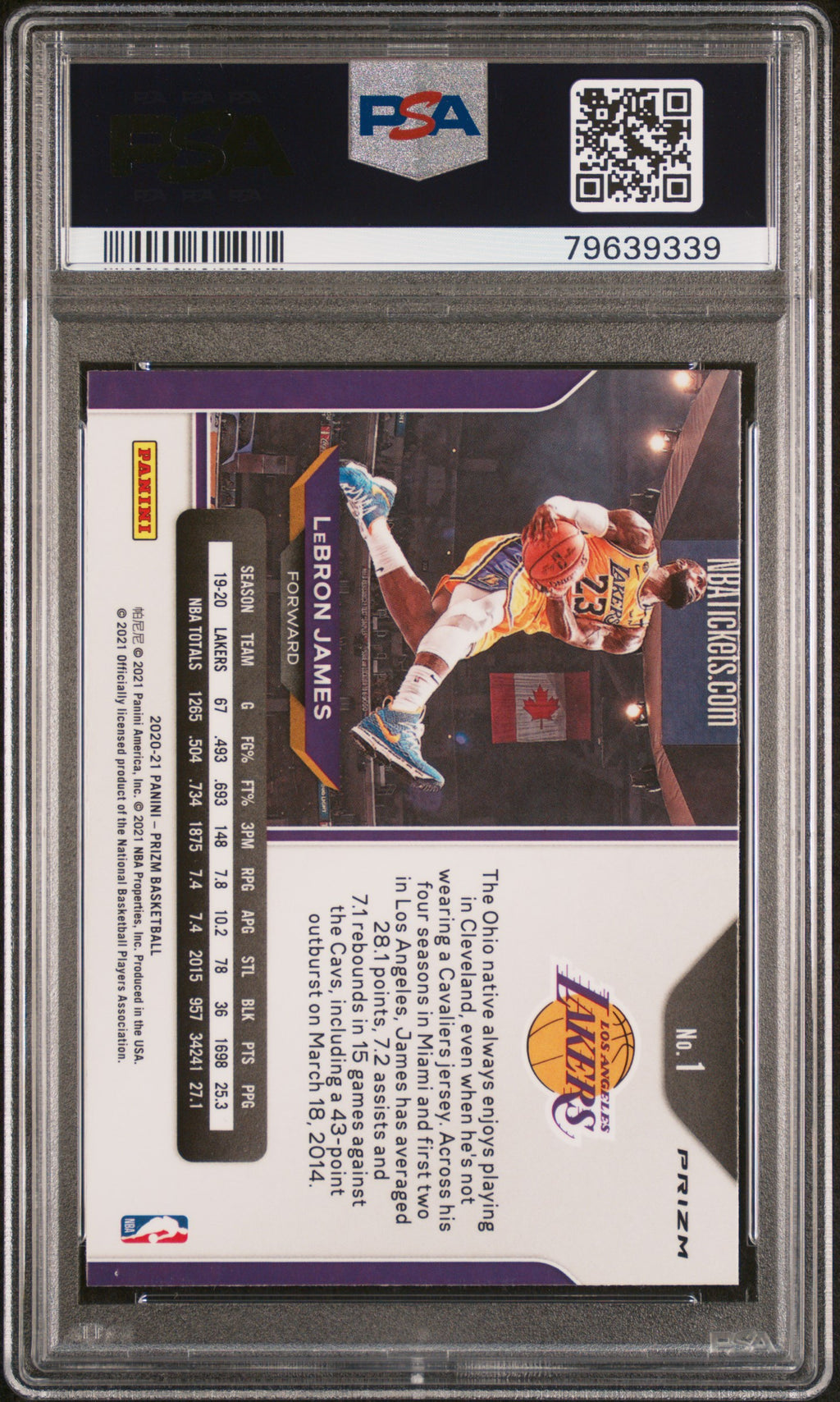 LeBron James 2020-21 Prizm Silver Prizm Kobe Tribute Dunk LA Lakers #1 PSA 9