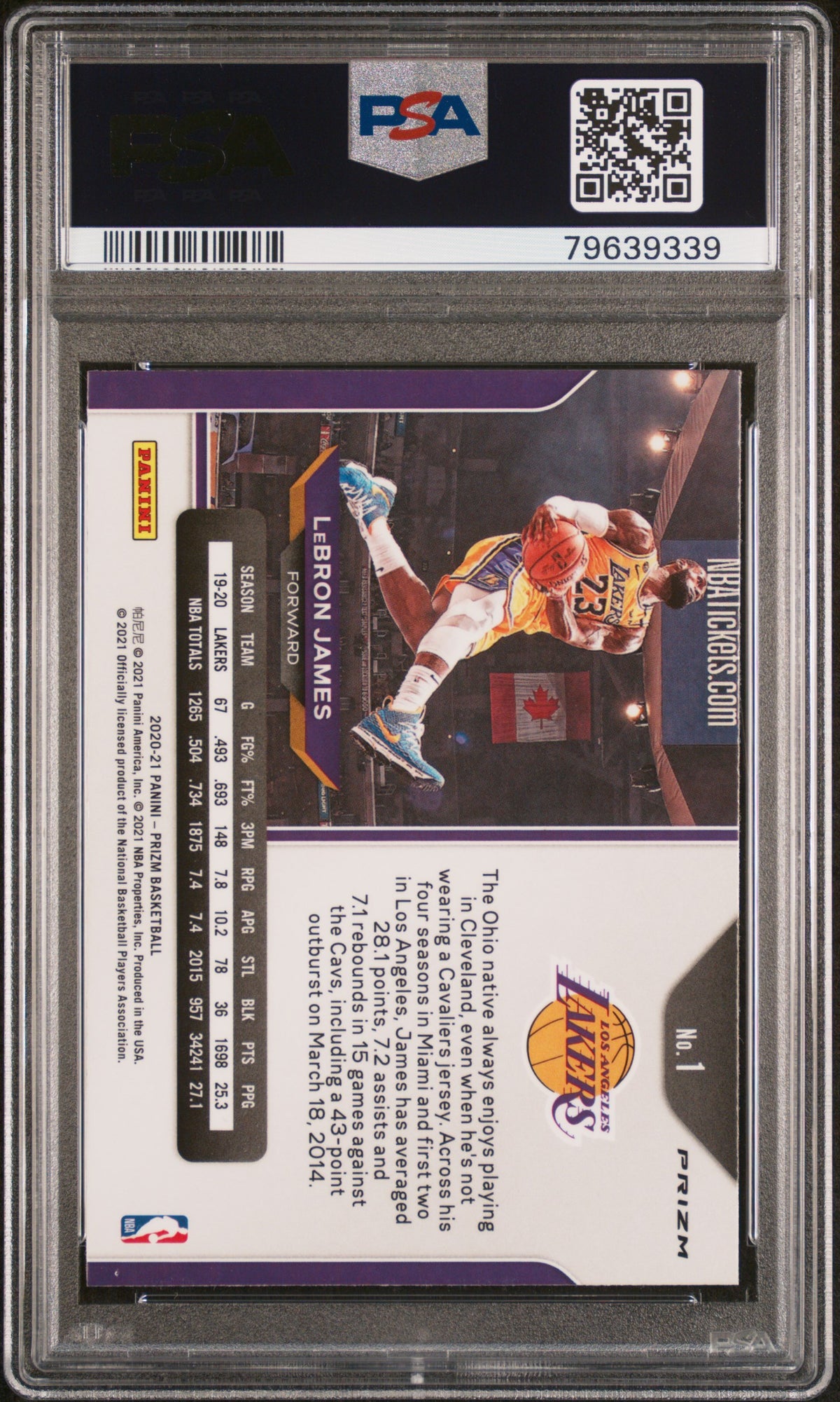 LeBron James 2020-21 Prizm Silver Prizm Kobe Tribute Dunk LA Lakers #1 PSA 9