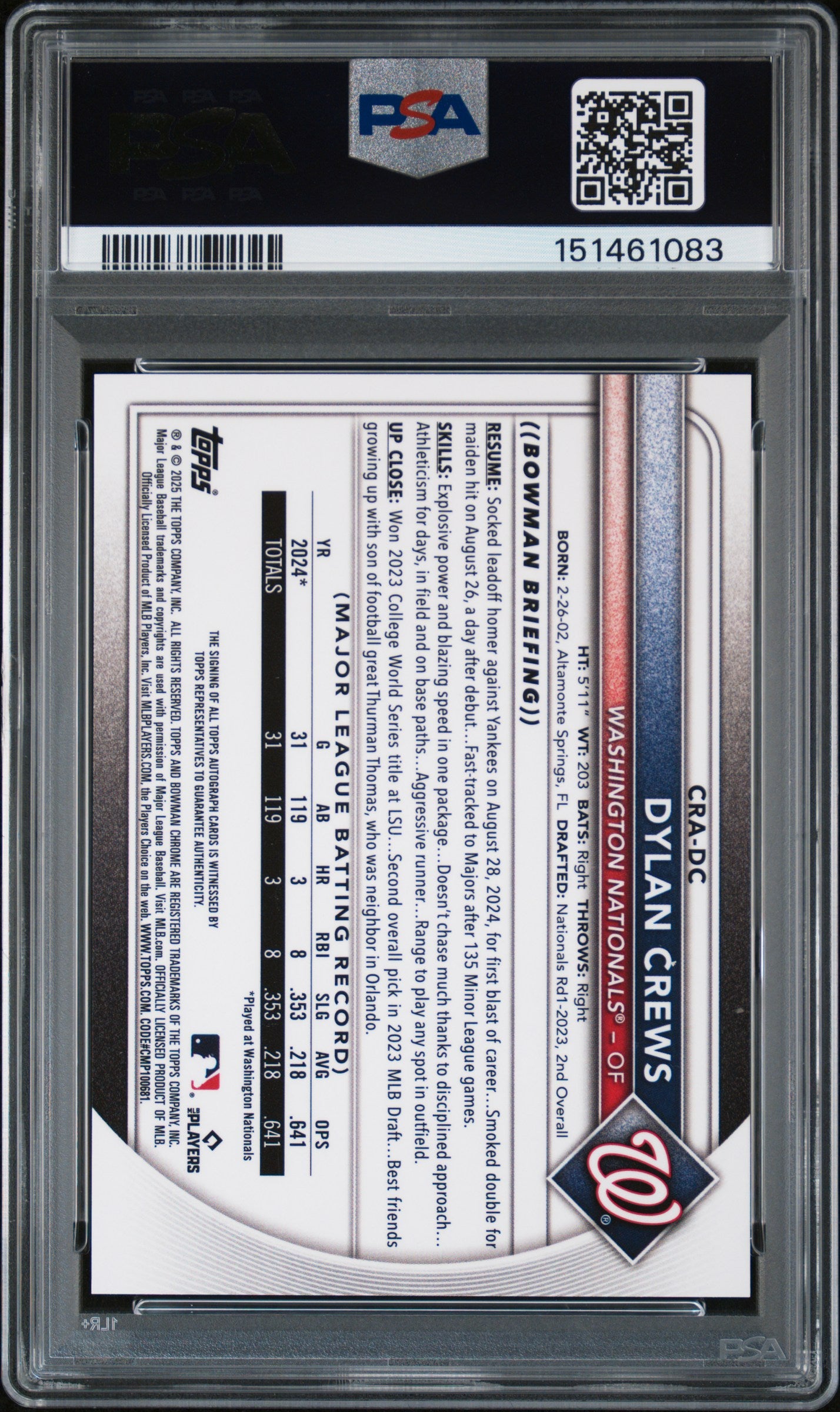 Dylan Crews 2025 Bowman Chrome Auto Autograph Yellow RC Nationals 22/75 PSA 9