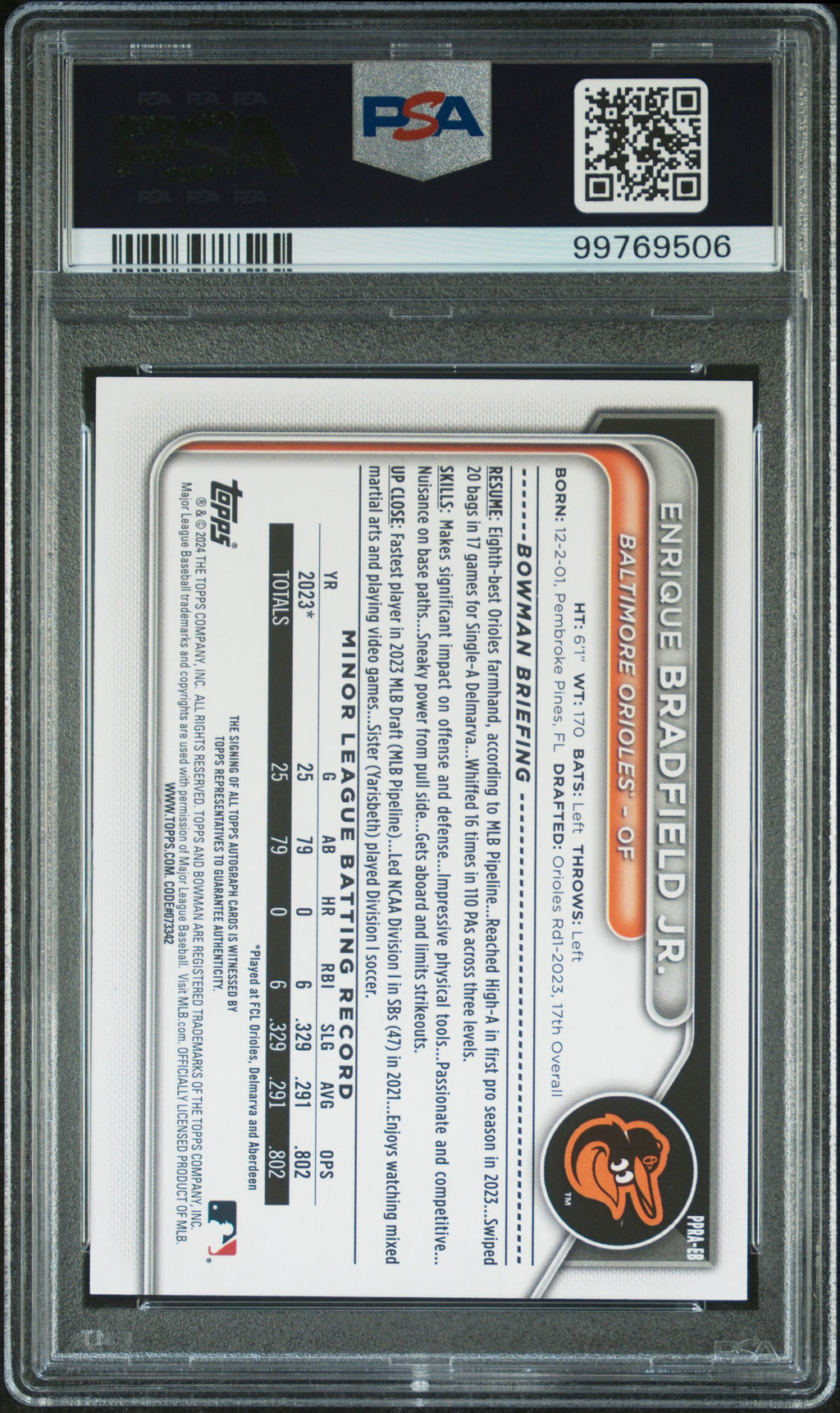 Enrique Bradfield Jr. 2024 Bowman Auto Autograph Baltimore Orioles PSA 10