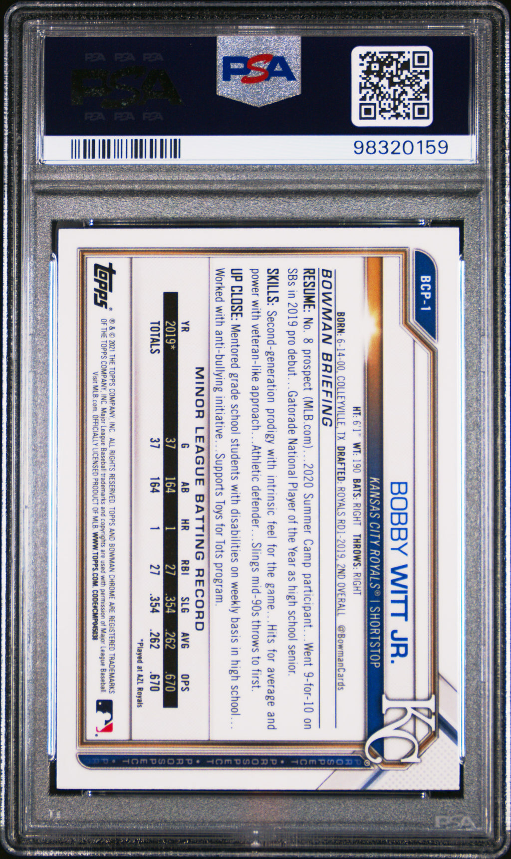 Bobby Witt Jr. 2021 Bowman Chrome Sapphire Edition Prospects RC Royals #1 PSA 10