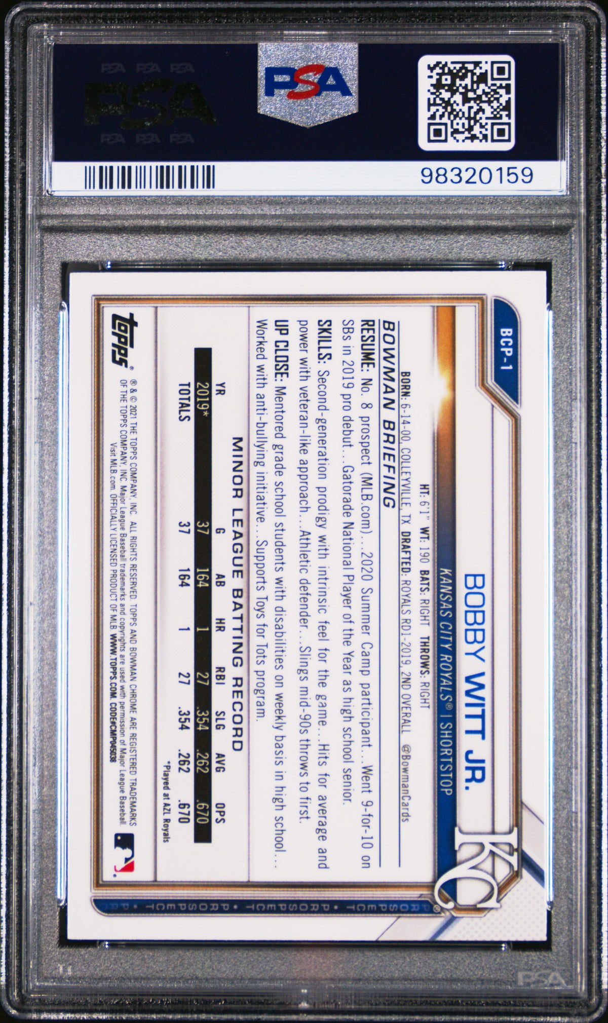 Bobby Witt Jr. 2021 Bowman Chrome Sapphire Edition Prospects RC Royals #1 PSA 10