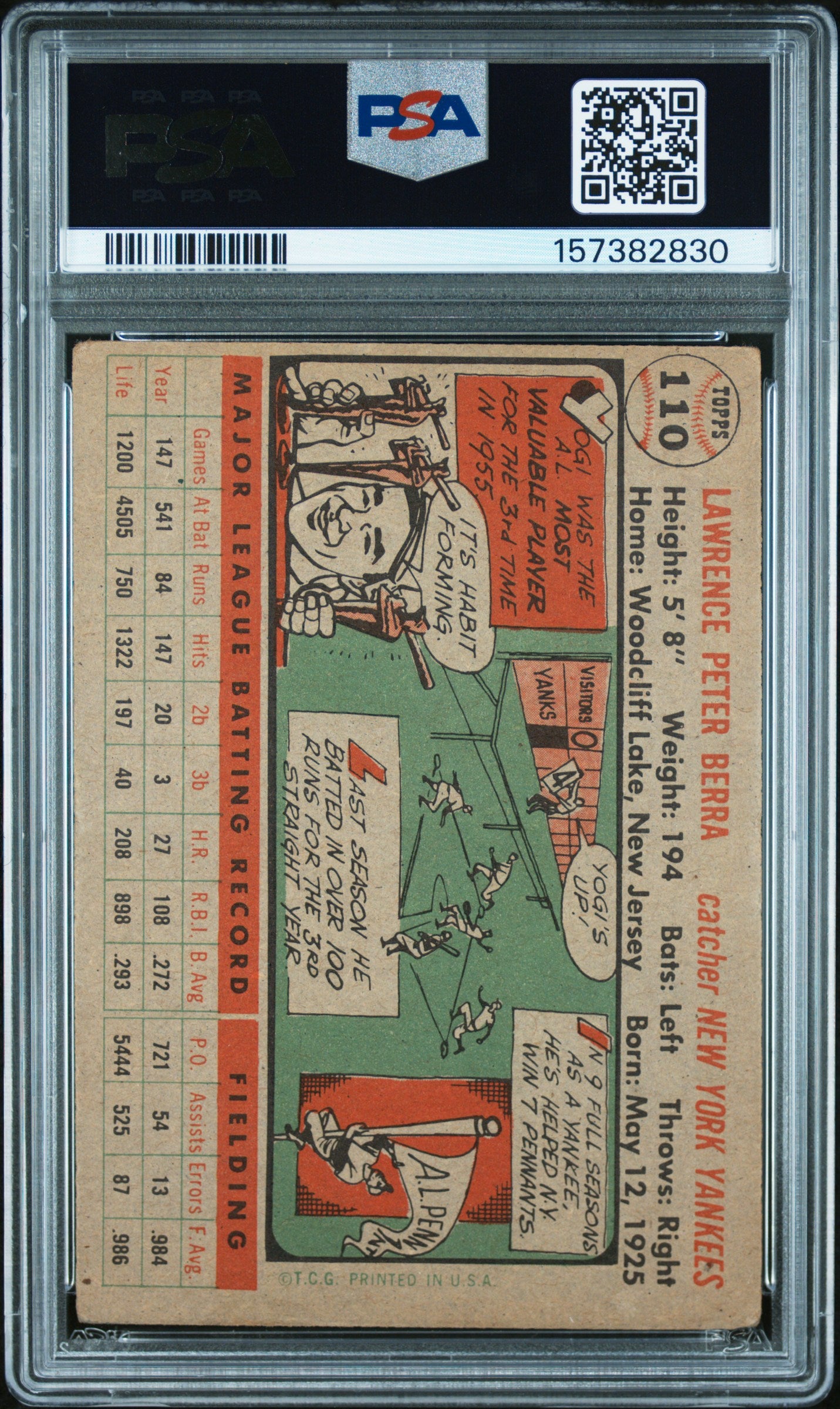Yogi Berra 1956 Topps Gray Back Card New York Yankees #110 PSA 3