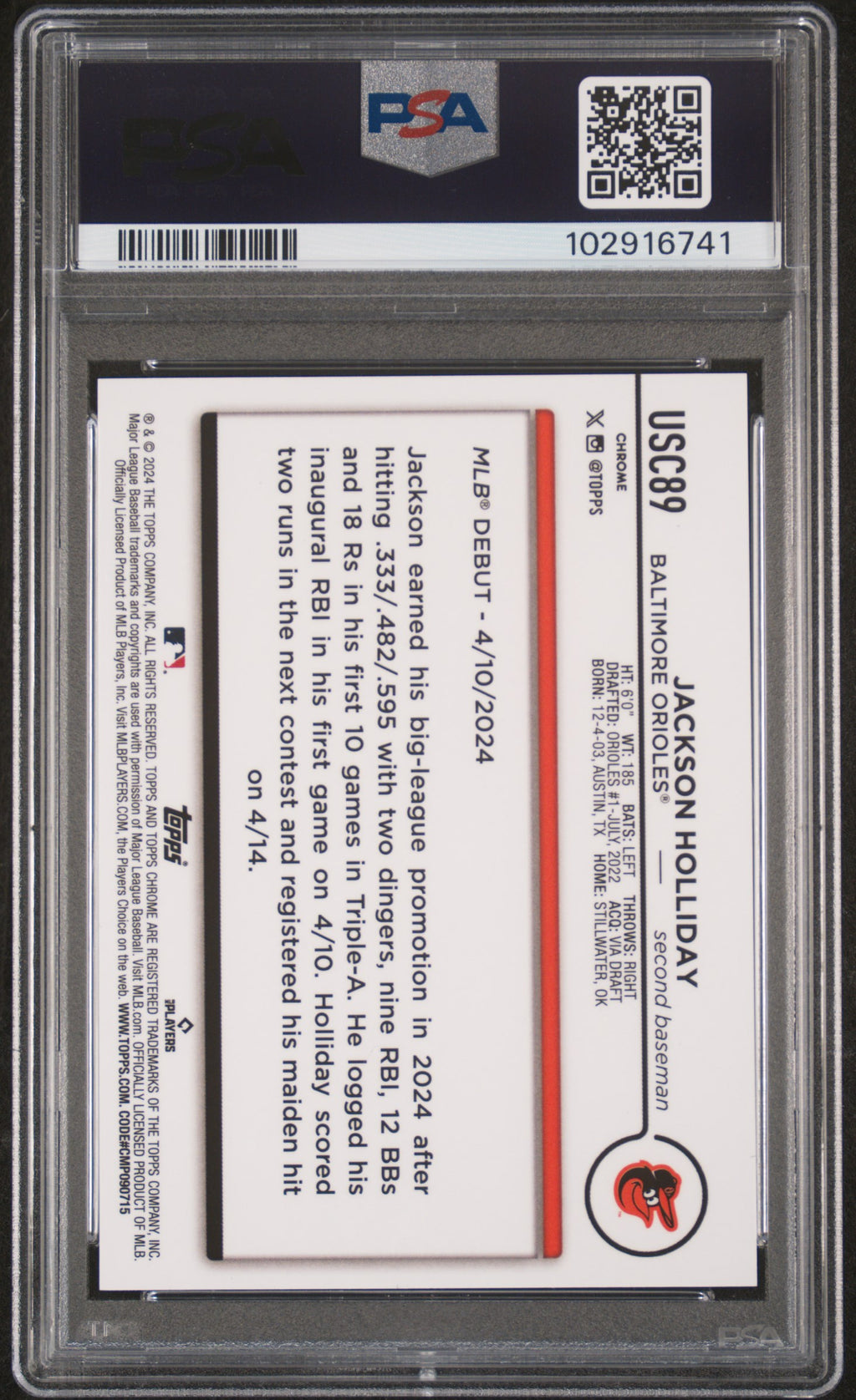 Jackson Holliday 2024 Topps Chrome Black Refractor RC Orioles 8/10 PSA 9
