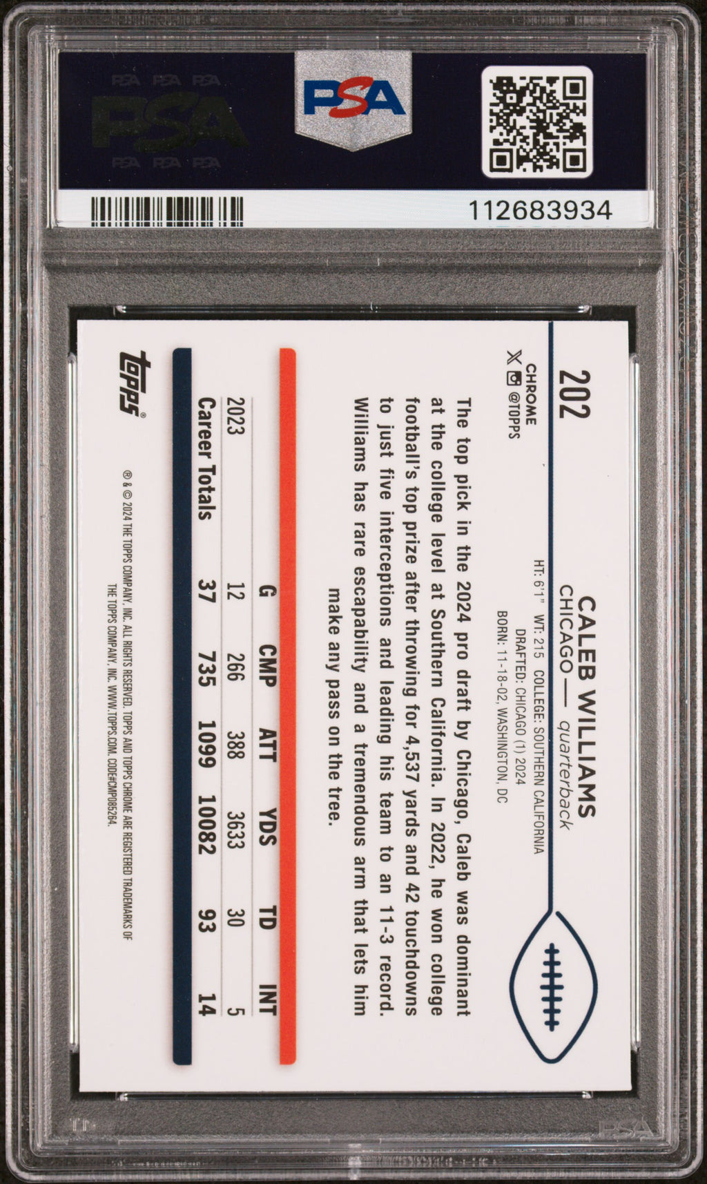 Caleb Williams 2024 Topps Chrome X-Fractor Rookie RC Chicago Bears #202 PSA 10