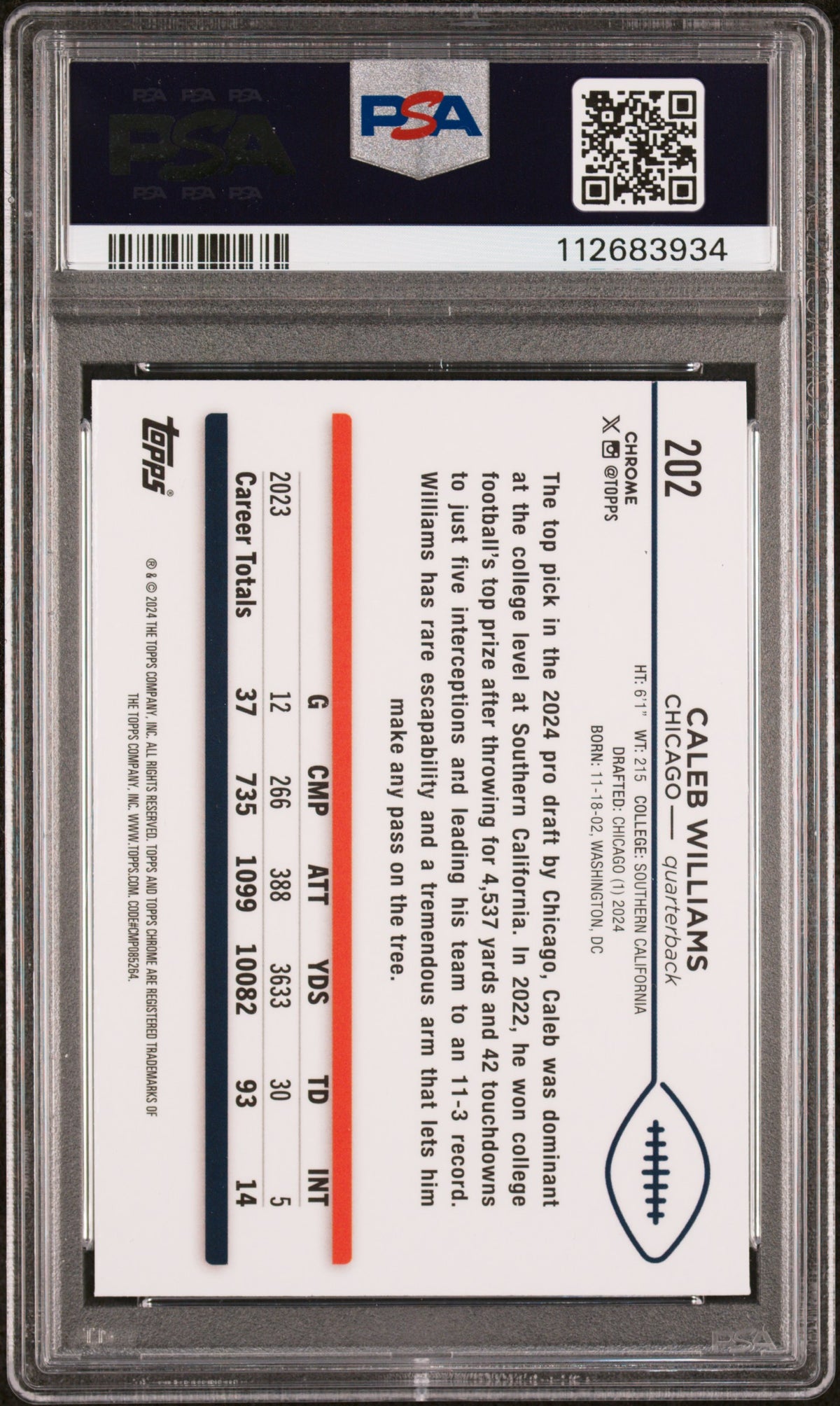 Caleb Williams 2024 Topps Chrome X-Fractor Rookie RC Chicago Bears #202 PSA 10